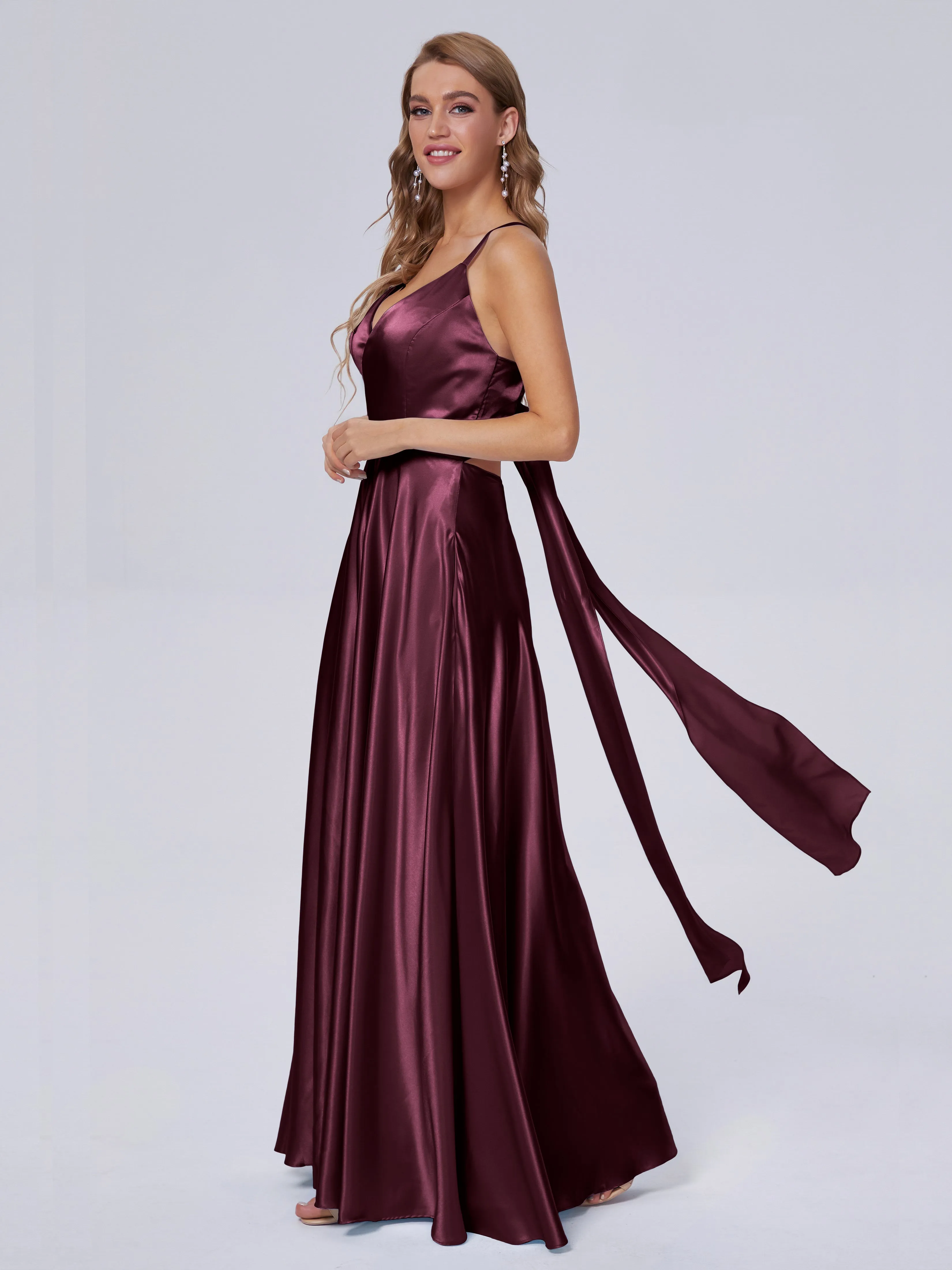Ana Flowy Straps Soft Satin Long Bridesmaid Dresses