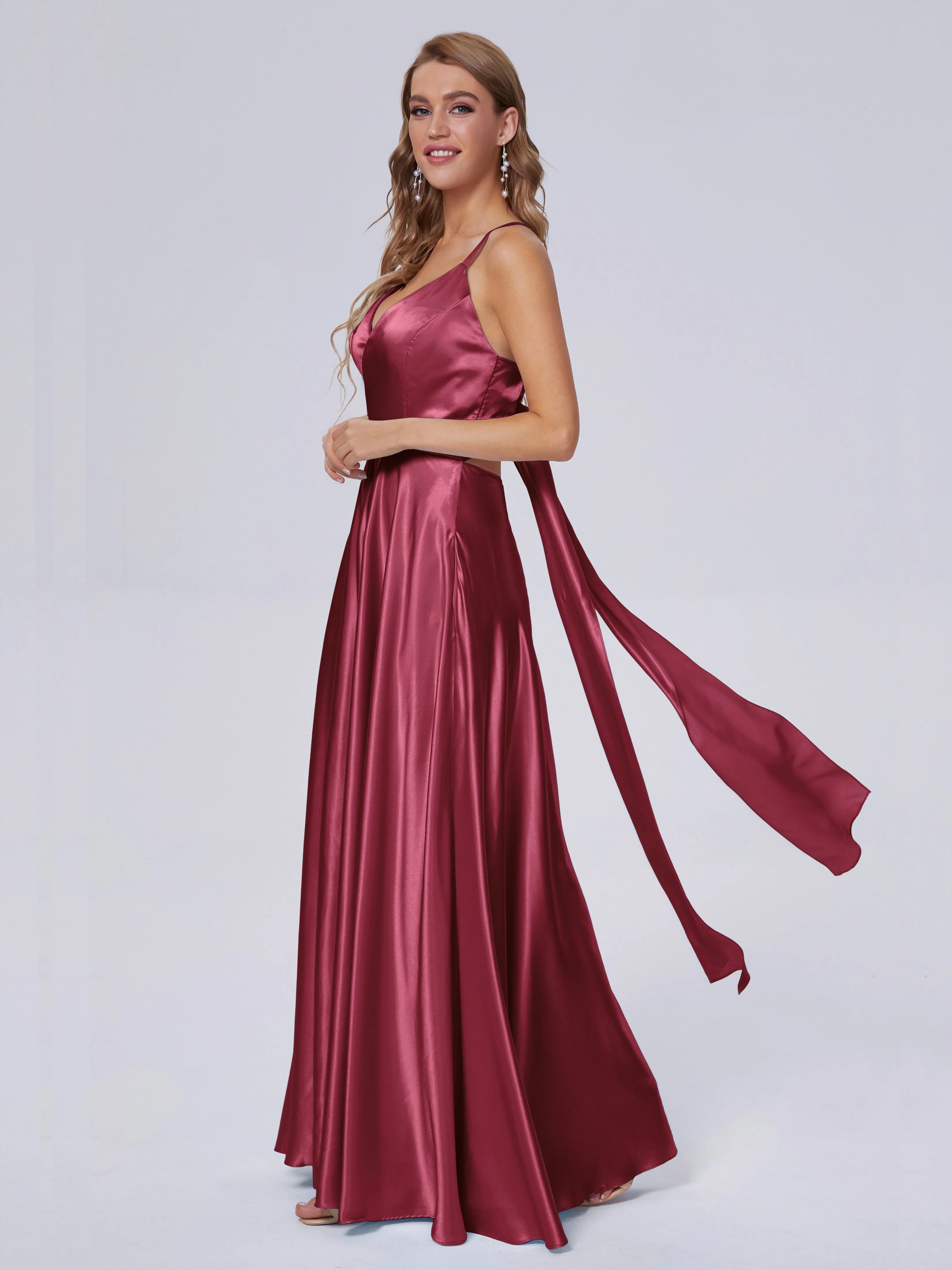Ana Flowy Straps Soft Satin Long Bridesmaid Dresses
