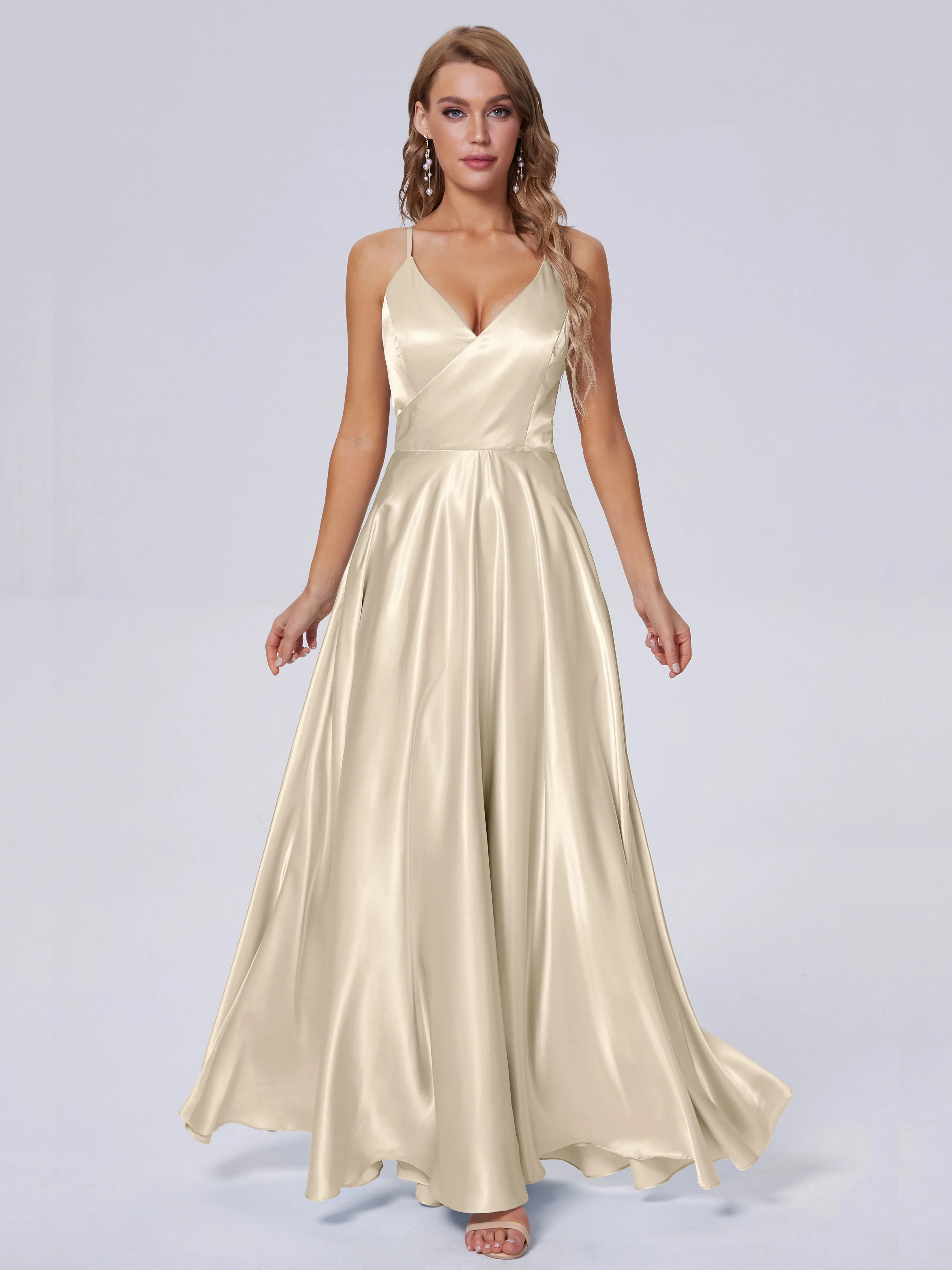 Ana Flowy Straps Soft Satin Long Bridesmaid Dresses