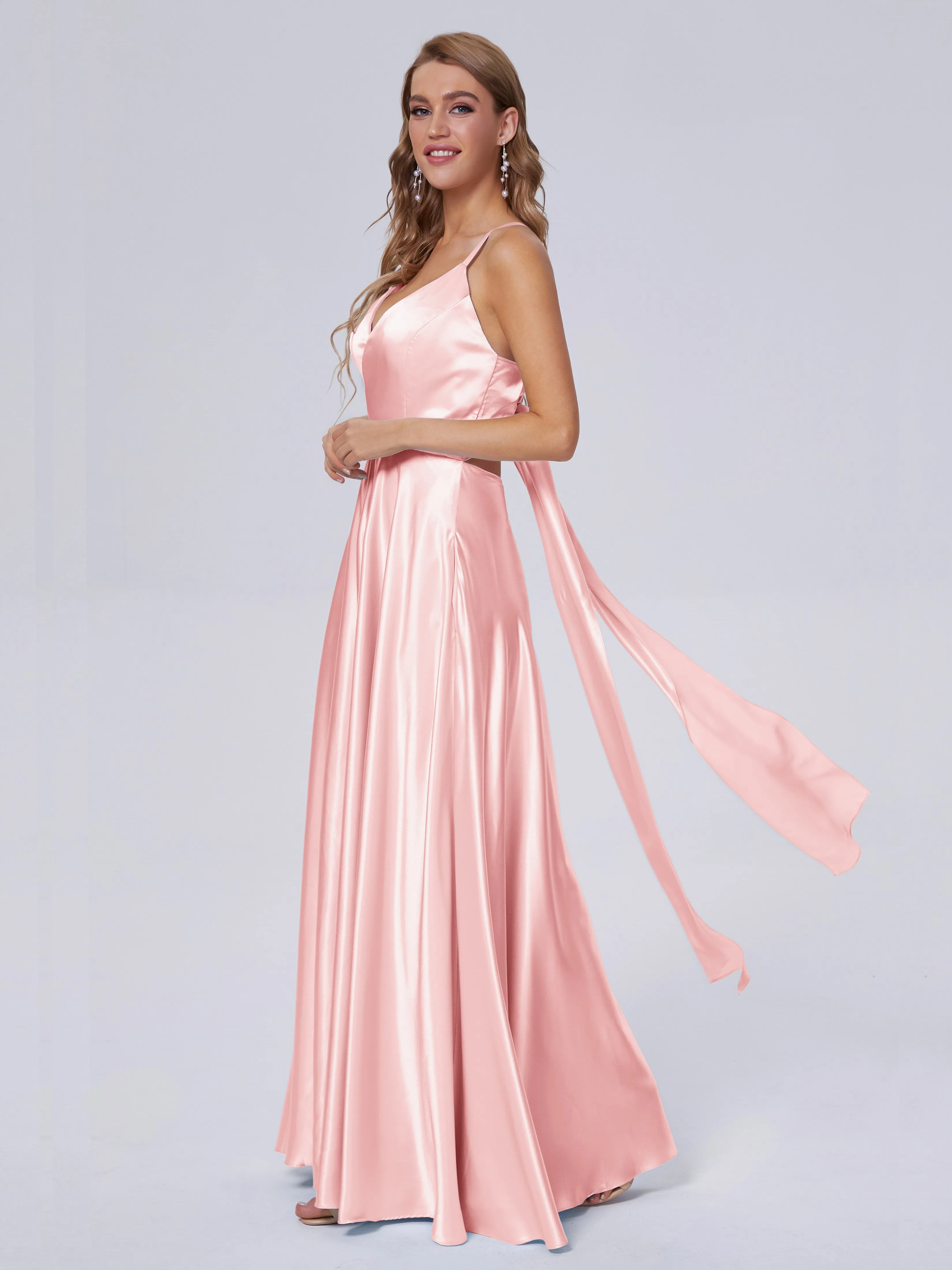 Ana Flowy Straps Soft Satin Long Bridesmaid Dresses