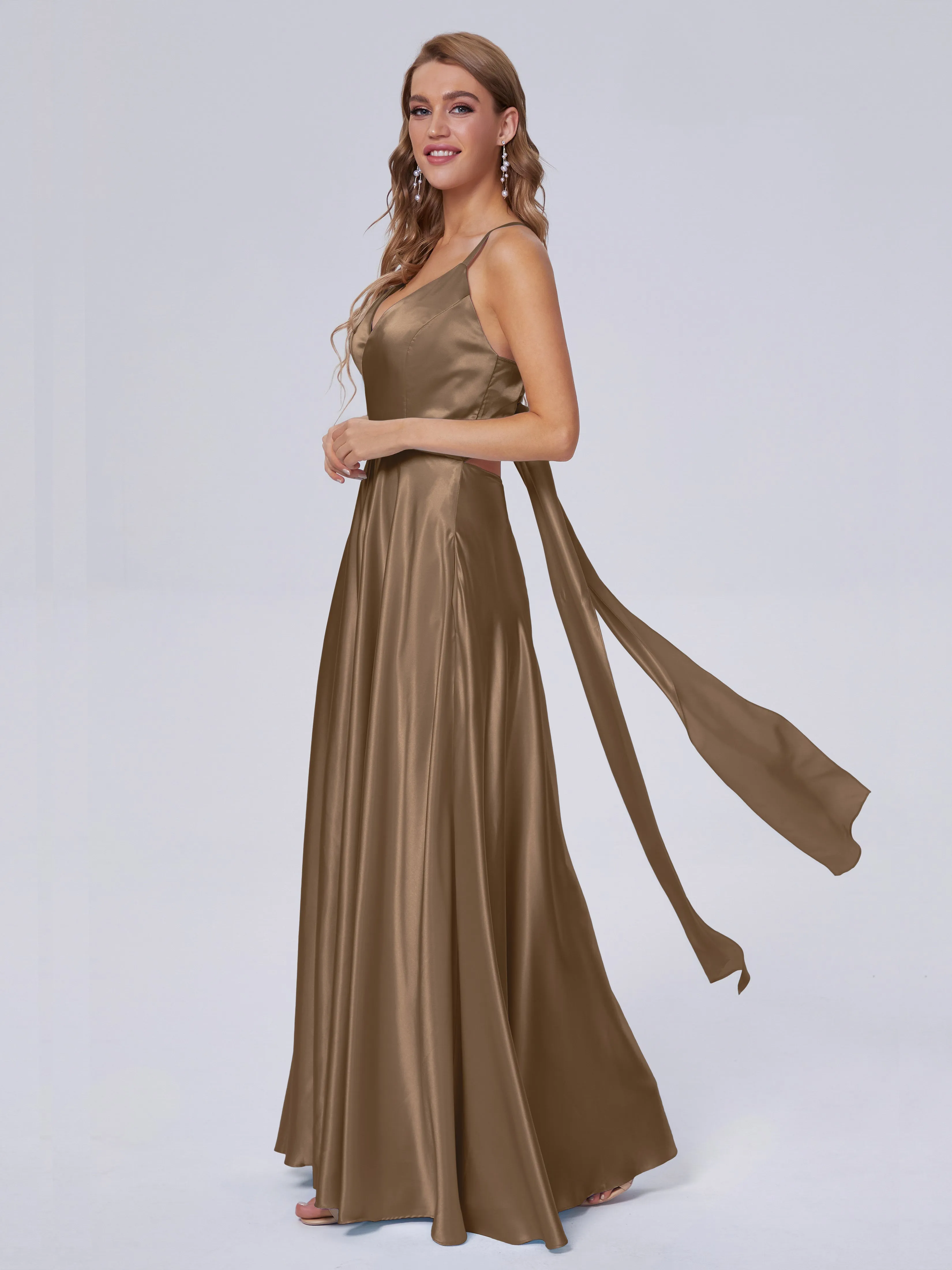 Ana Flowy Straps Soft Satin Long Bridesmaid Dresses