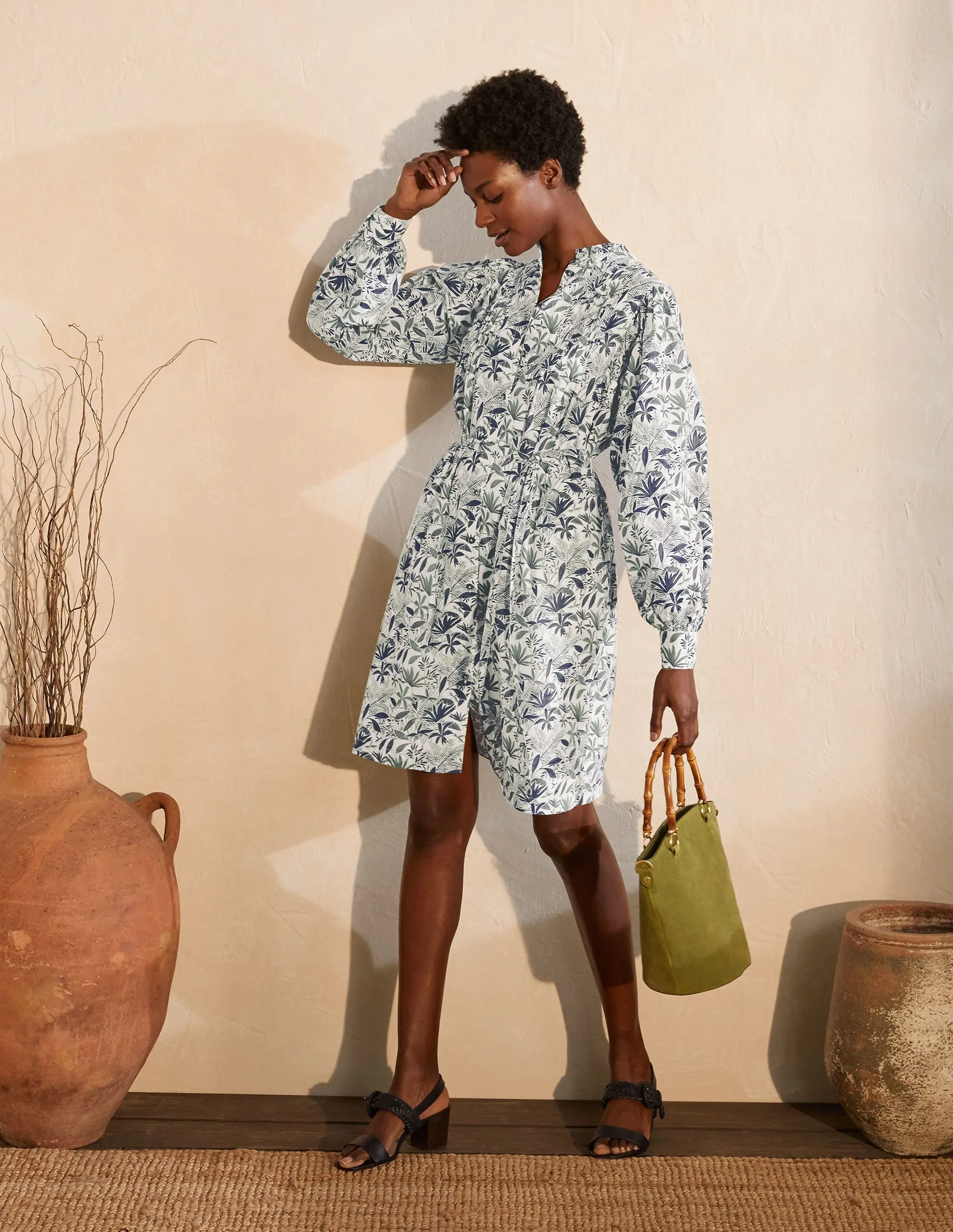 Antonia Cotton Shirt Dress-Ivory, Tropical Palm