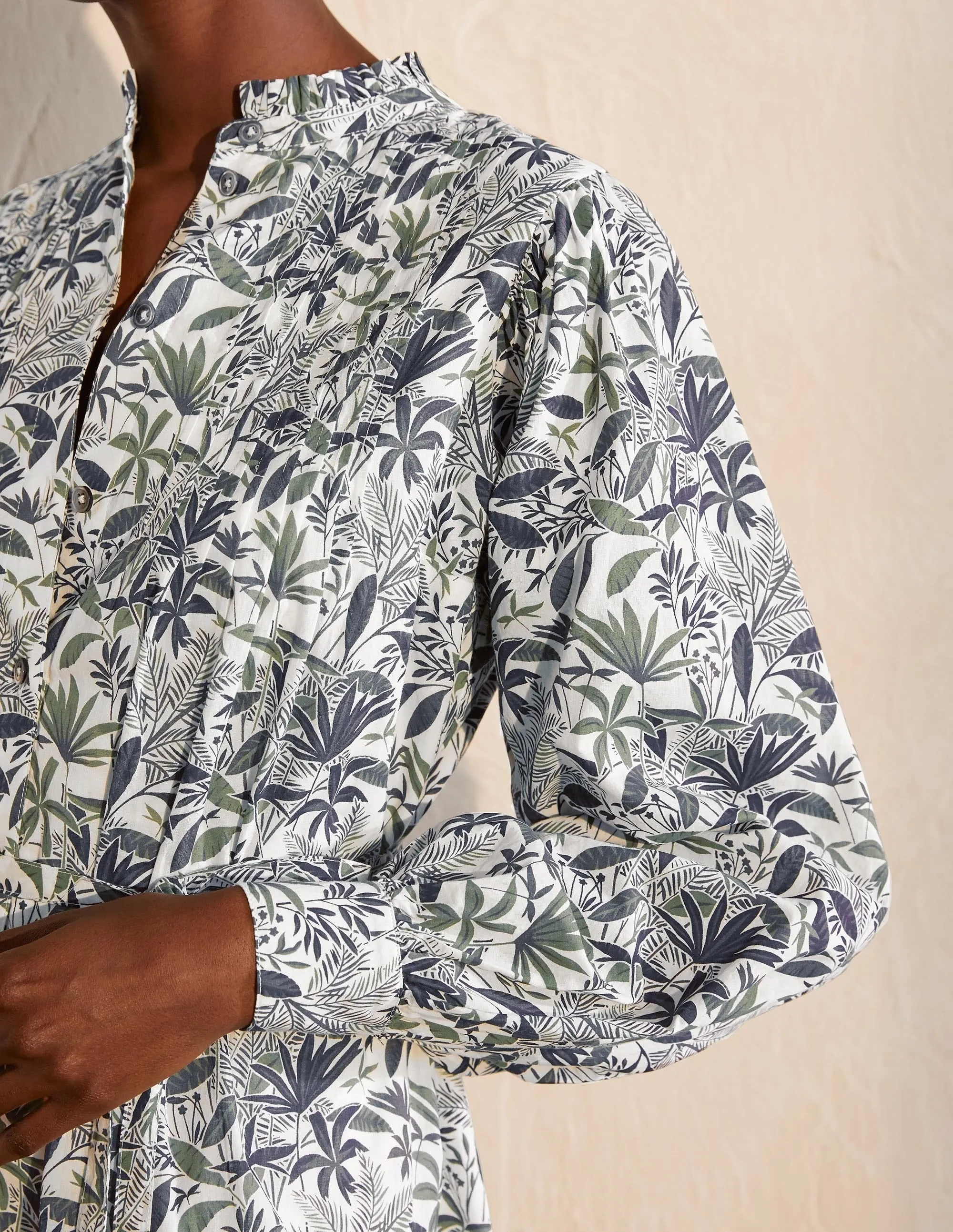 Antonia Cotton Shirt Dress-Ivory, Tropical Palm