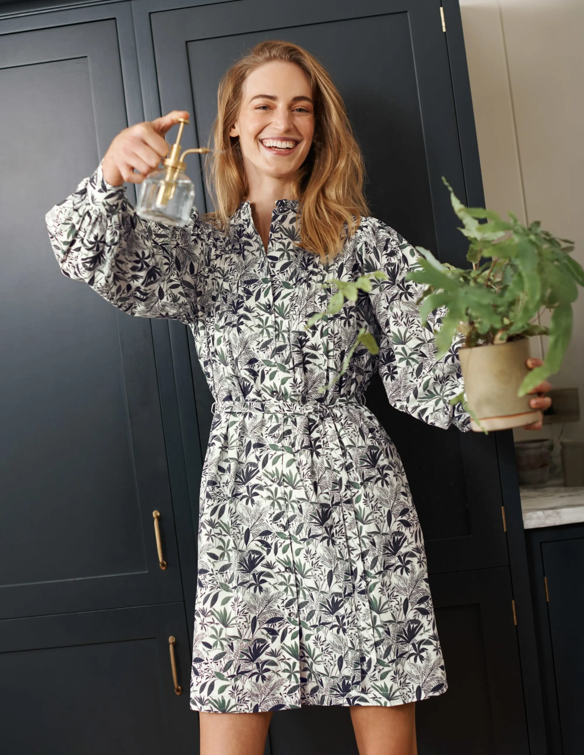 Antonia Cotton Shirt Dress-Ivory, Tropical Palm