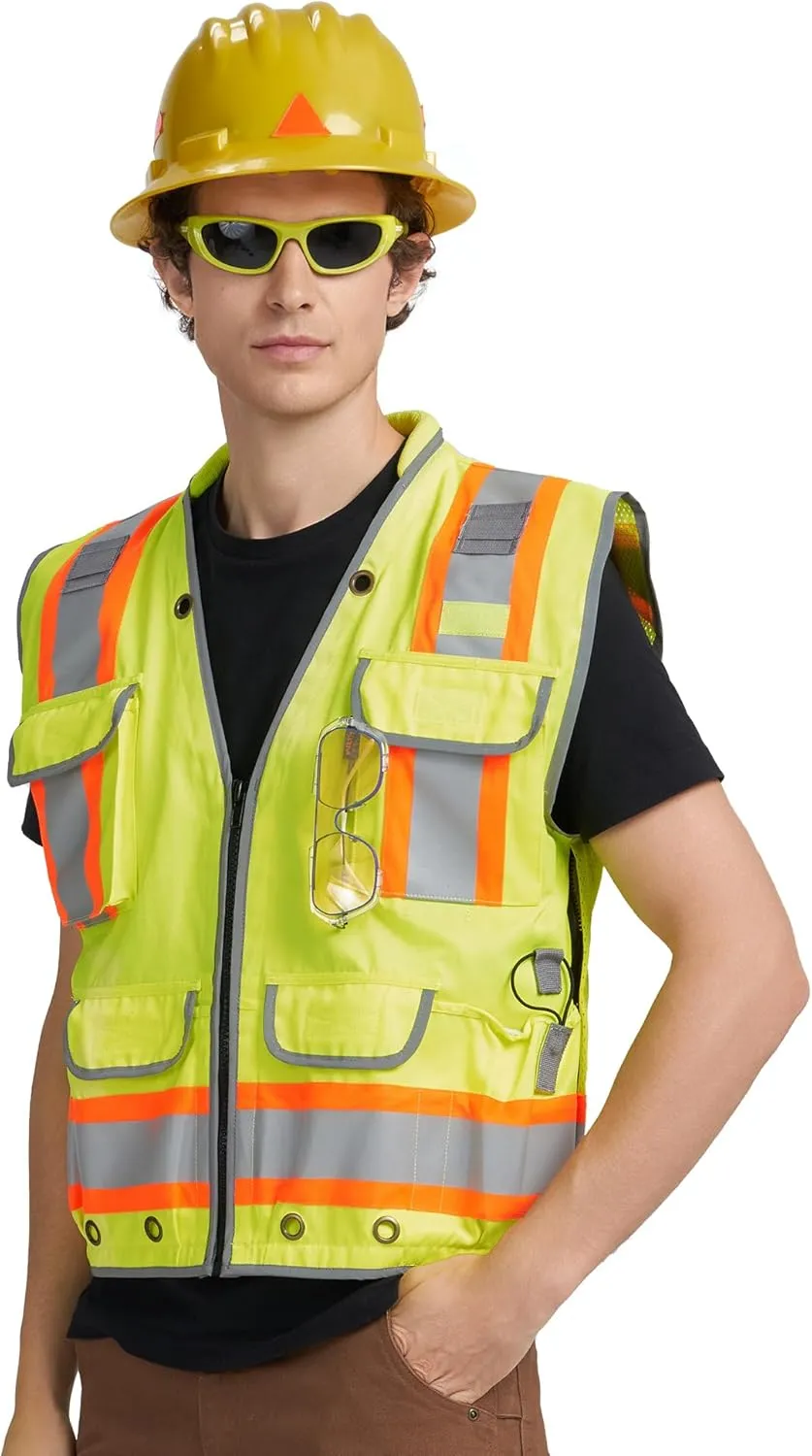 AYKRM Heavy Woven Two Tone Engineer High Vis Reflective work construction safety vest for men Class 2 with Cargo Pockets