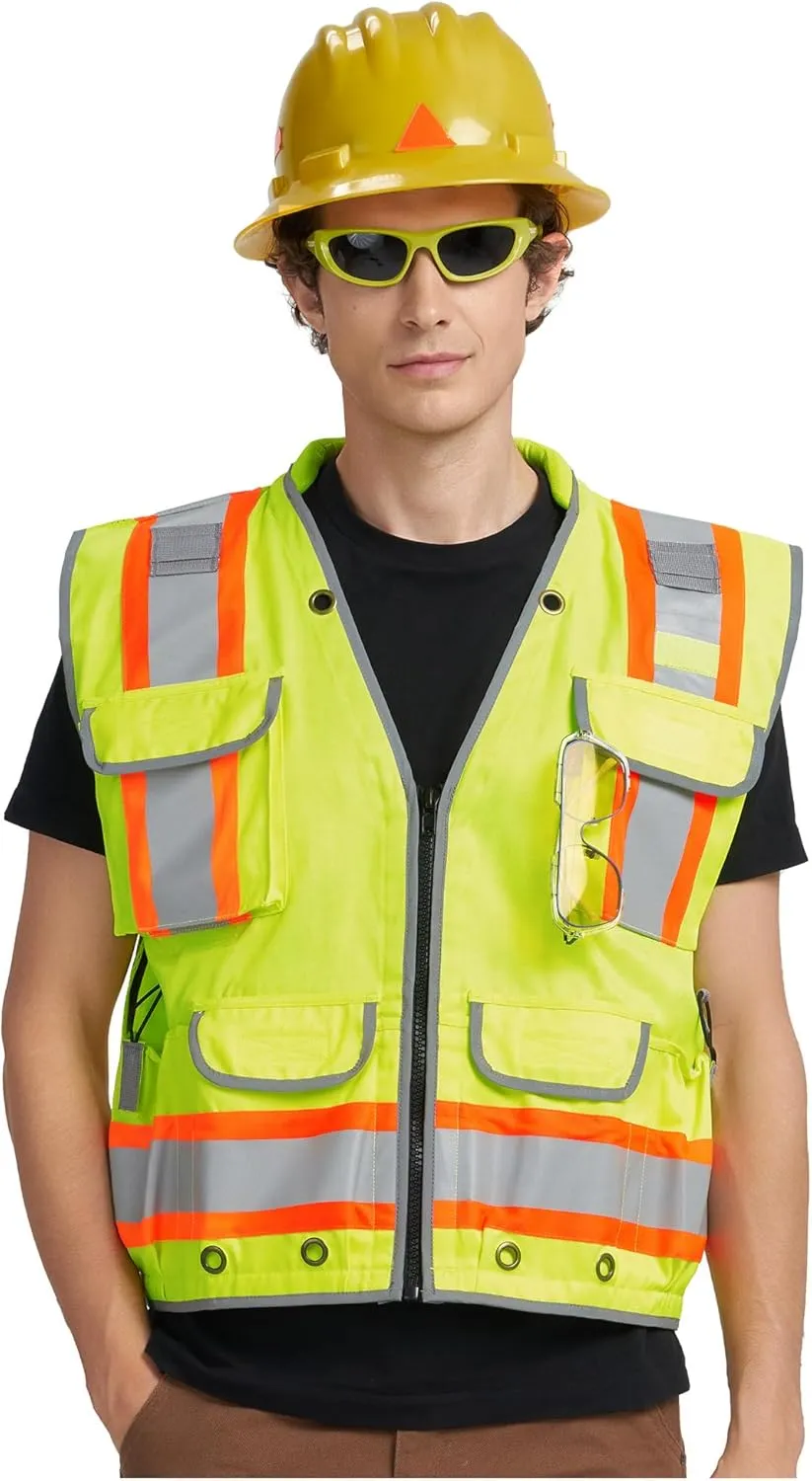 AYKRM Heavy Woven Two Tone Engineer High Vis Reflective work construction safety vest for men Class 2 with Cargo Pockets