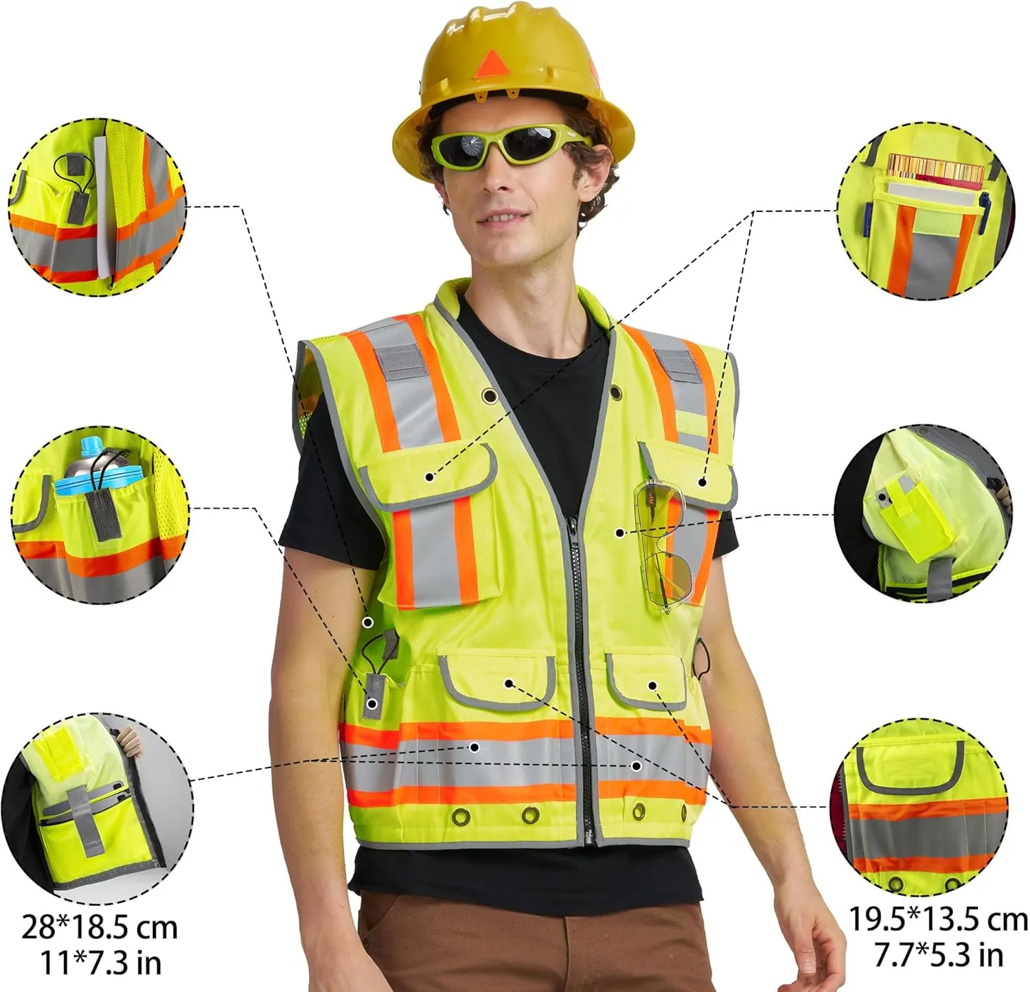 AYKRM Heavy Woven Two Tone Engineer High Vis Reflective work construction safety vest for men Class 2 with Cargo Pockets
