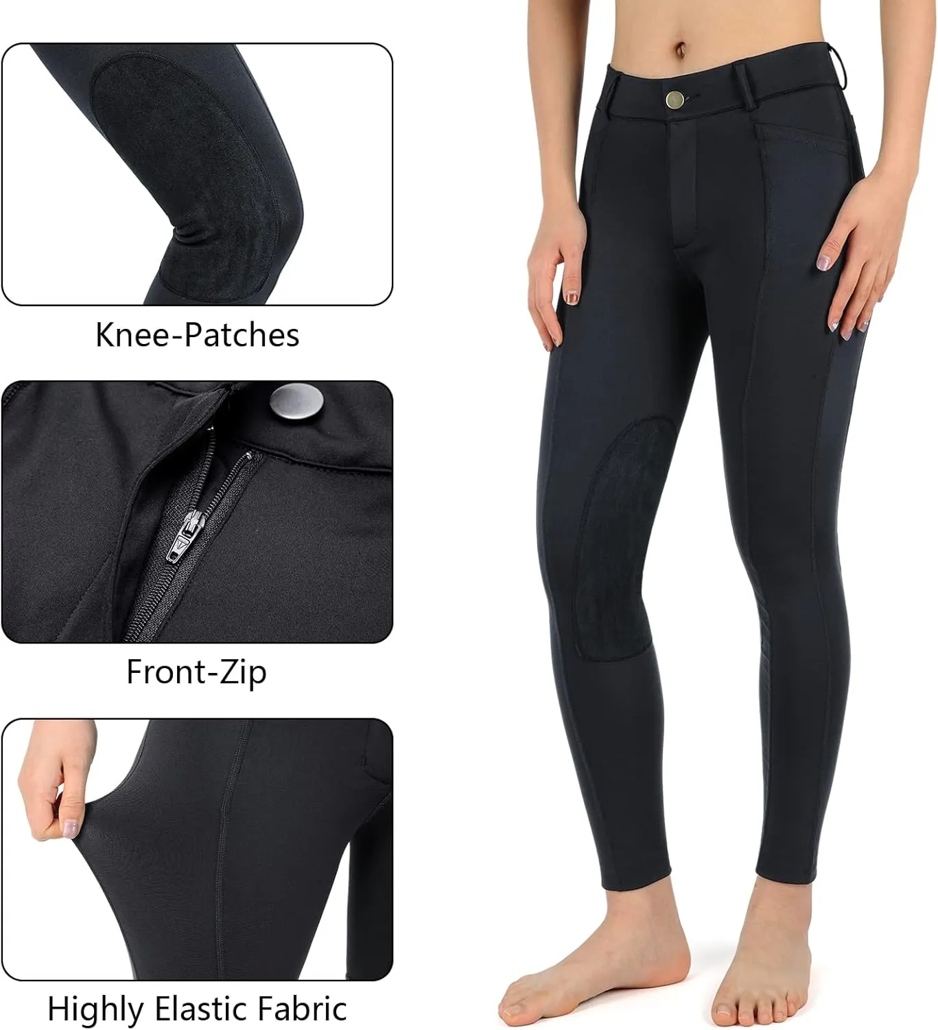 beroy Kids Horse Riding Knee-Patches Pants Girls Equestrian Front-Zip Breeches Legging with Pockets