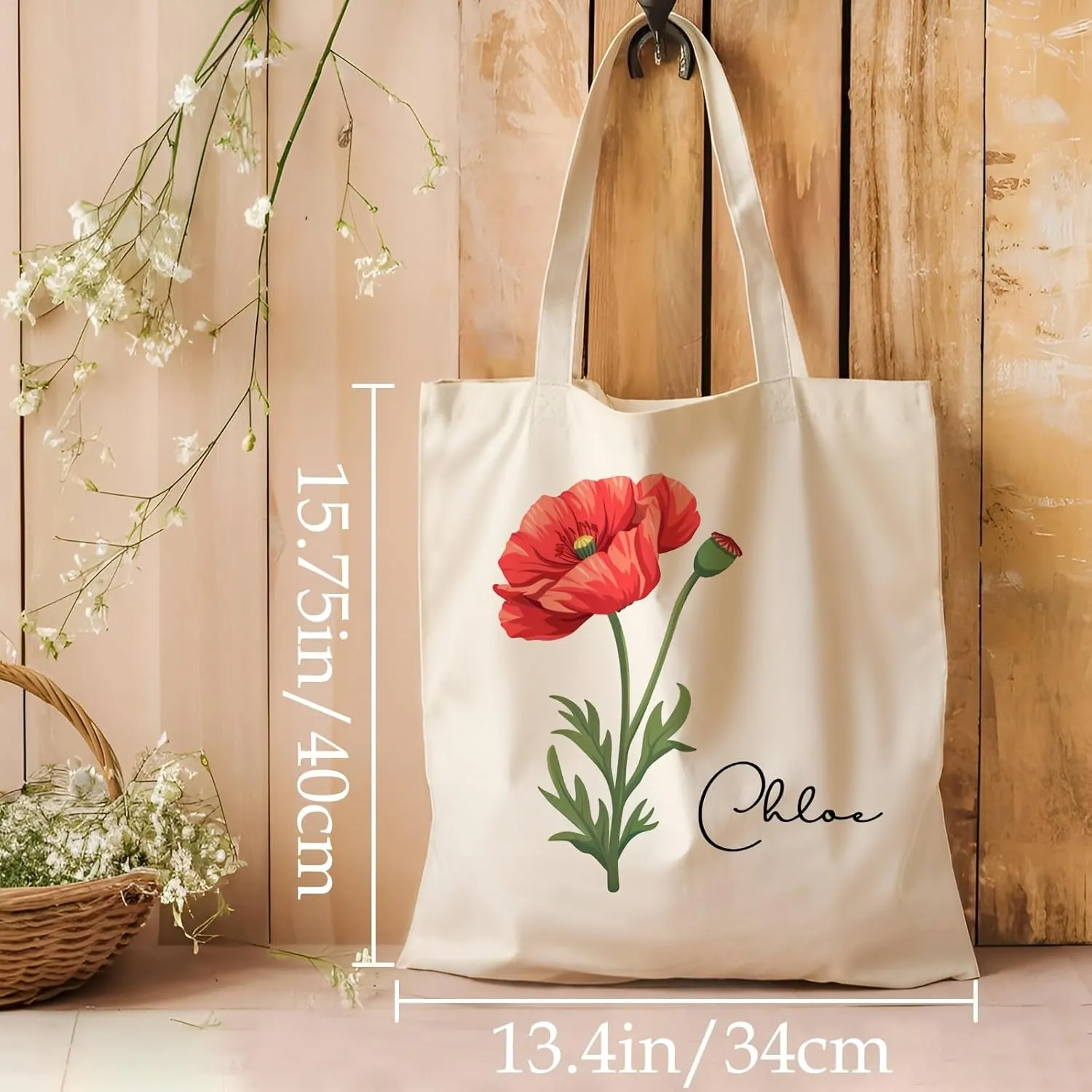 Birth Flower Canvas Tote Bag Custom with Name Personalized Birth Flower Gift for Mom Women Her, Bridesmaid Gifts