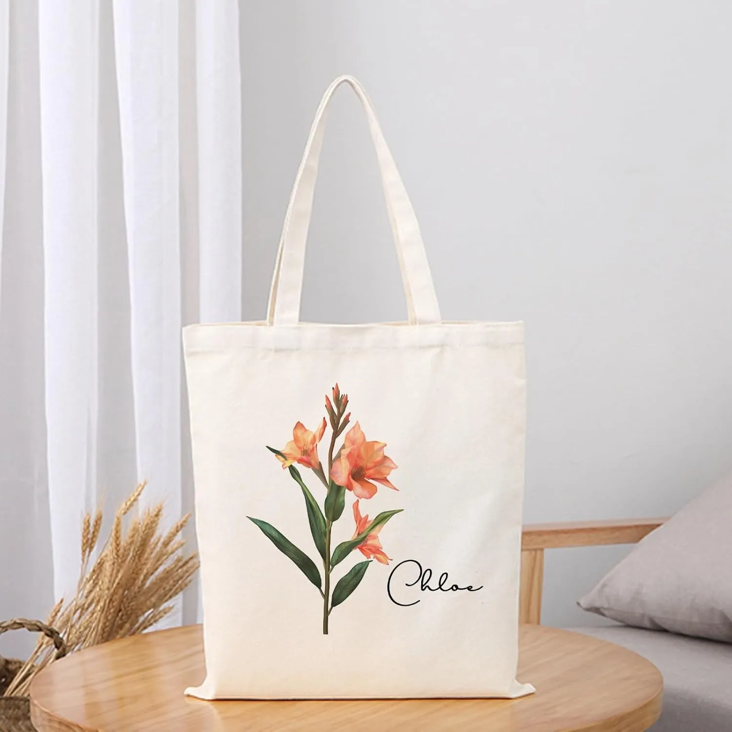 Birth Flower Canvas Tote Bag Custom with Name Personalized Birth Flower Gift for Mom Women Her, Bridesmaid Gifts