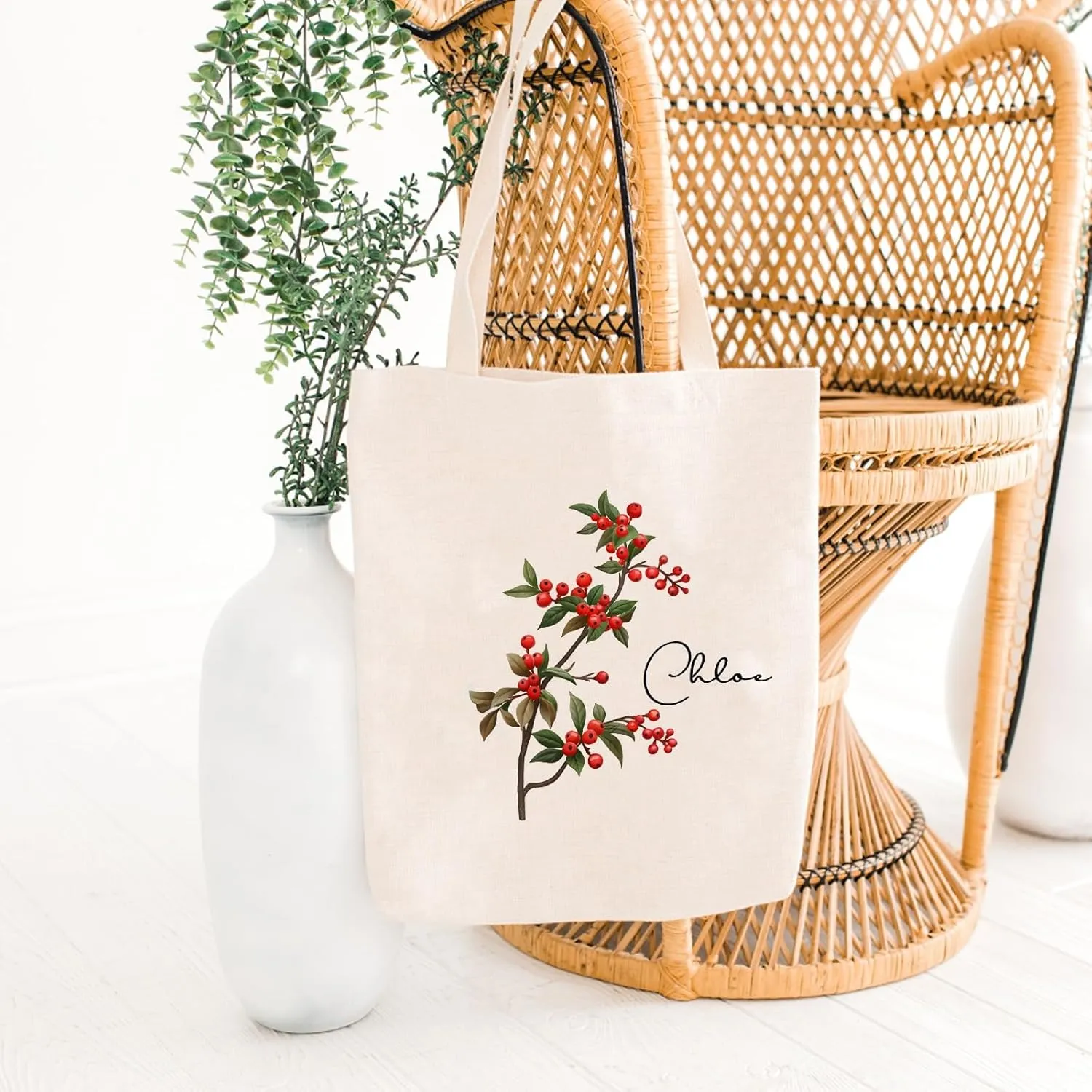 Birth Flower Canvas Tote Bag Custom with Name Personalized Birth Flower Gift for Mom Women Her, Bridesmaid Gifts