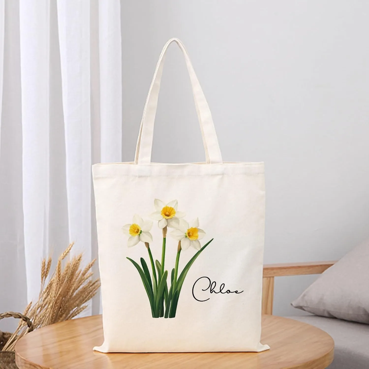 Birth Flower Canvas Tote Bag Custom with Name Personalized Birth Flower Gift for Mom Women Her, Bridesmaid Gifts