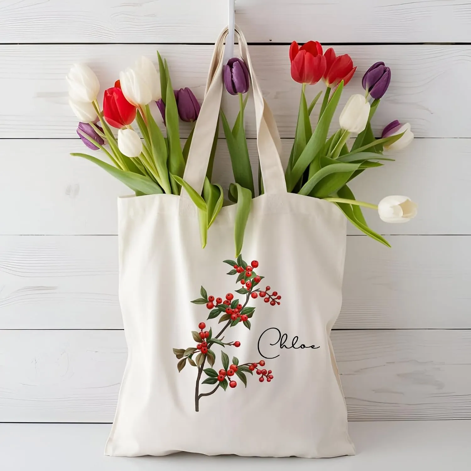 Birth Flower Canvas Tote Bag Custom with Name Personalized Birth Flower Gift for Mom Women Her, Bridesmaid Gifts