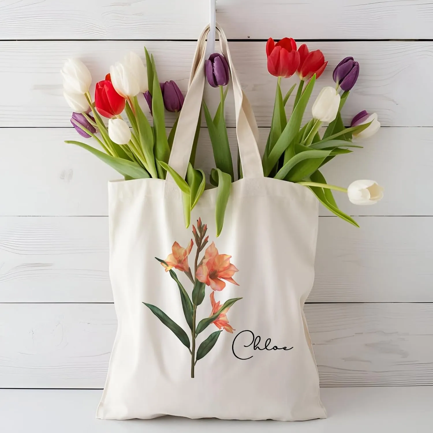 Birth Flower Canvas Tote Bag Custom with Name Personalized Birth Flower Gift for Mom Women Her, Bridesmaid Gifts