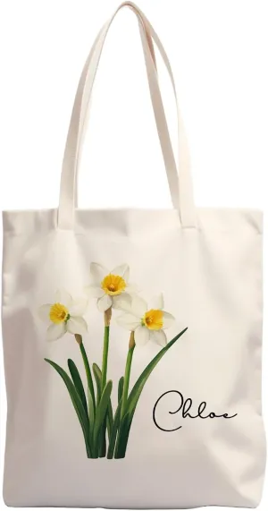 Birth Flower Canvas Tote Bag Custom with Name Personalized Birth Flower Gift for Mom Women Her, Bridesmaid Gifts