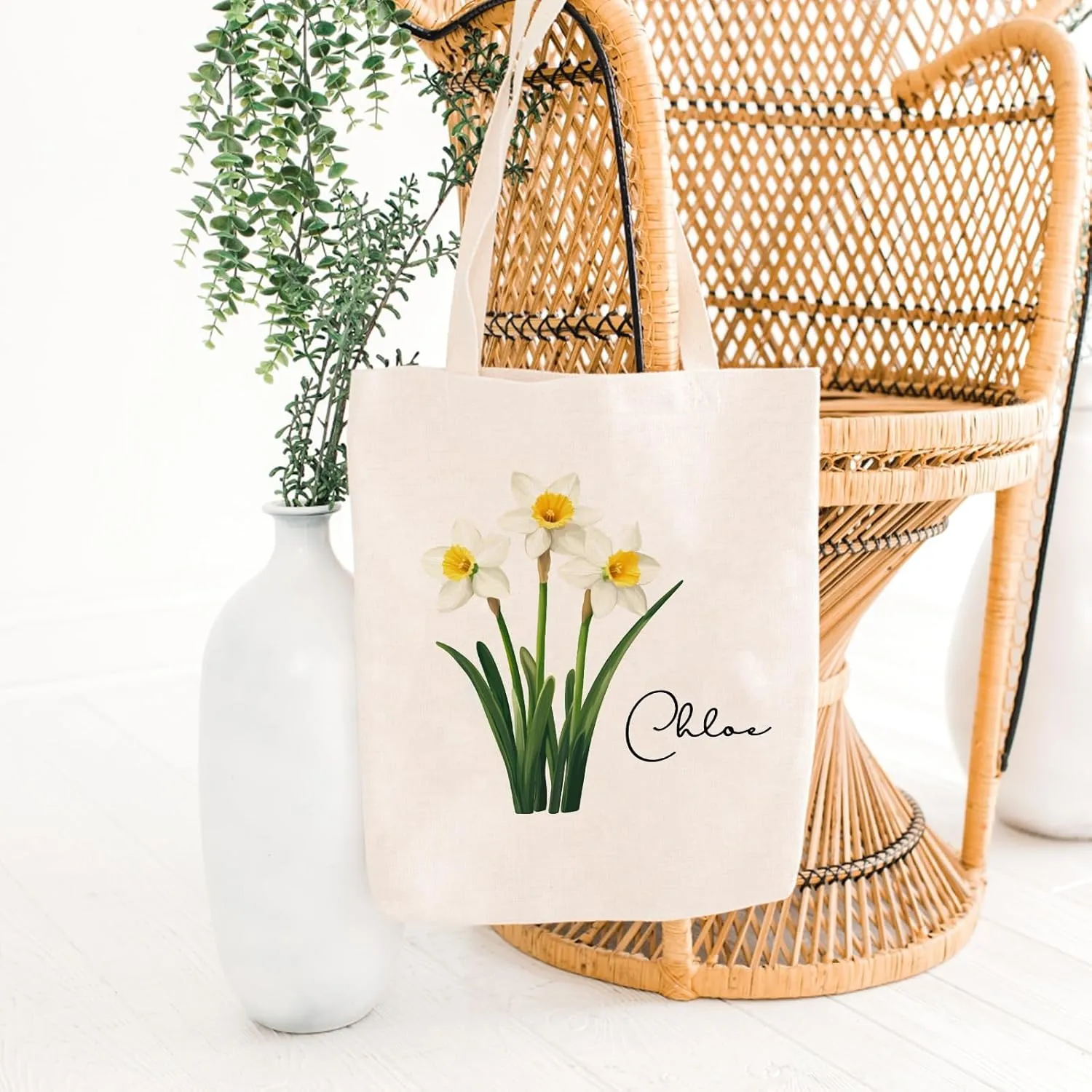 Birth Flower Canvas Tote Bag Custom with Name Personalized Birth Flower Gift for Mom Women Her, Bridesmaid Gifts