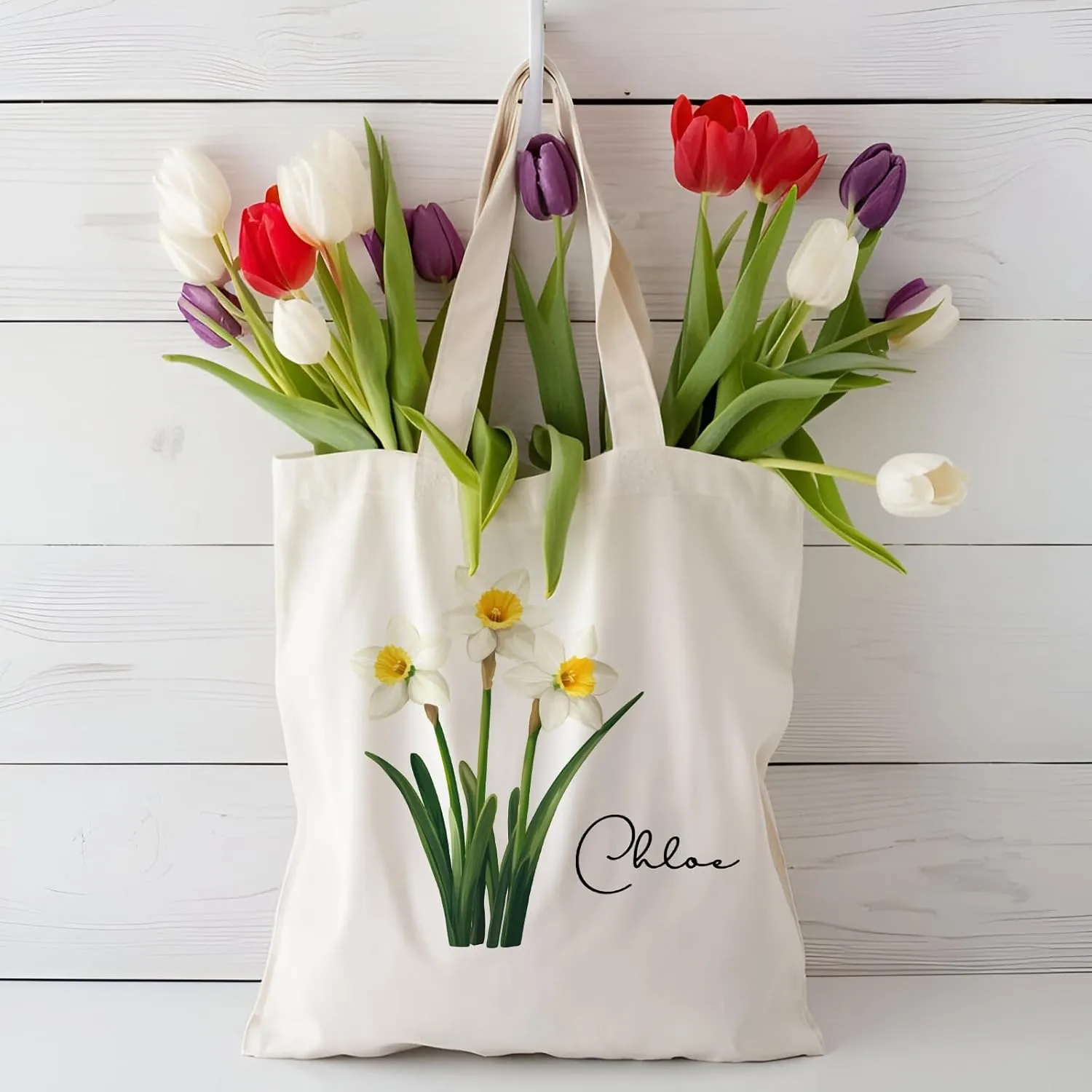 Birth Flower Canvas Tote Bag Custom with Name Personalized Birth Flower Gift for Mom Women Her, Bridesmaid Gifts