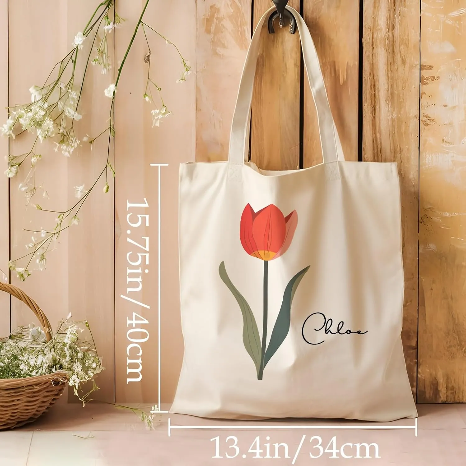 Birth Flower Canvas Tote Bag Custom with Name Personalized Birth Flower Gift for Mom Women Her, Bridesmaid Gifts