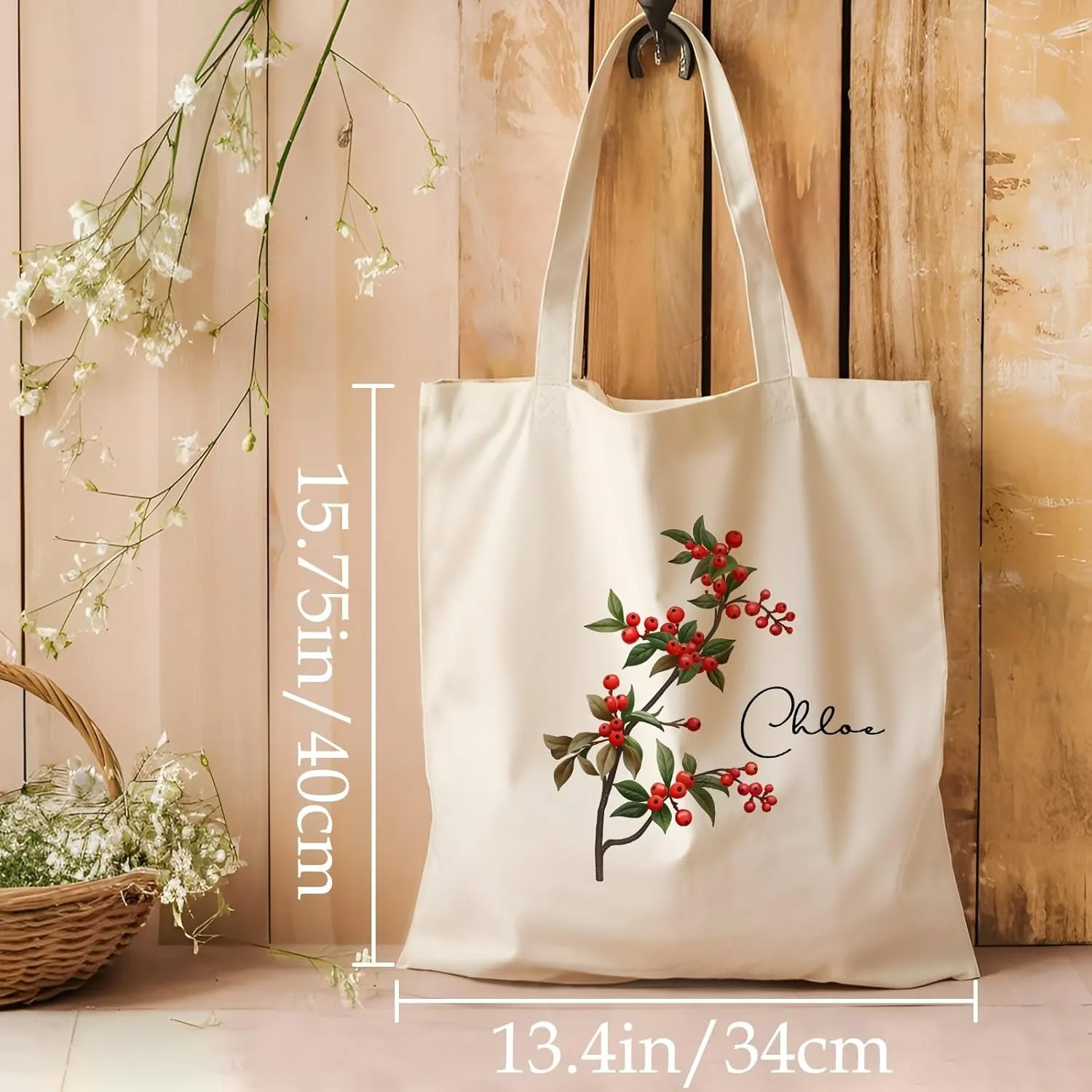 Birth Flower Canvas Tote Bag Custom with Name Personalized Birth Flower Gift for Mom Women Her, Bridesmaid Gifts