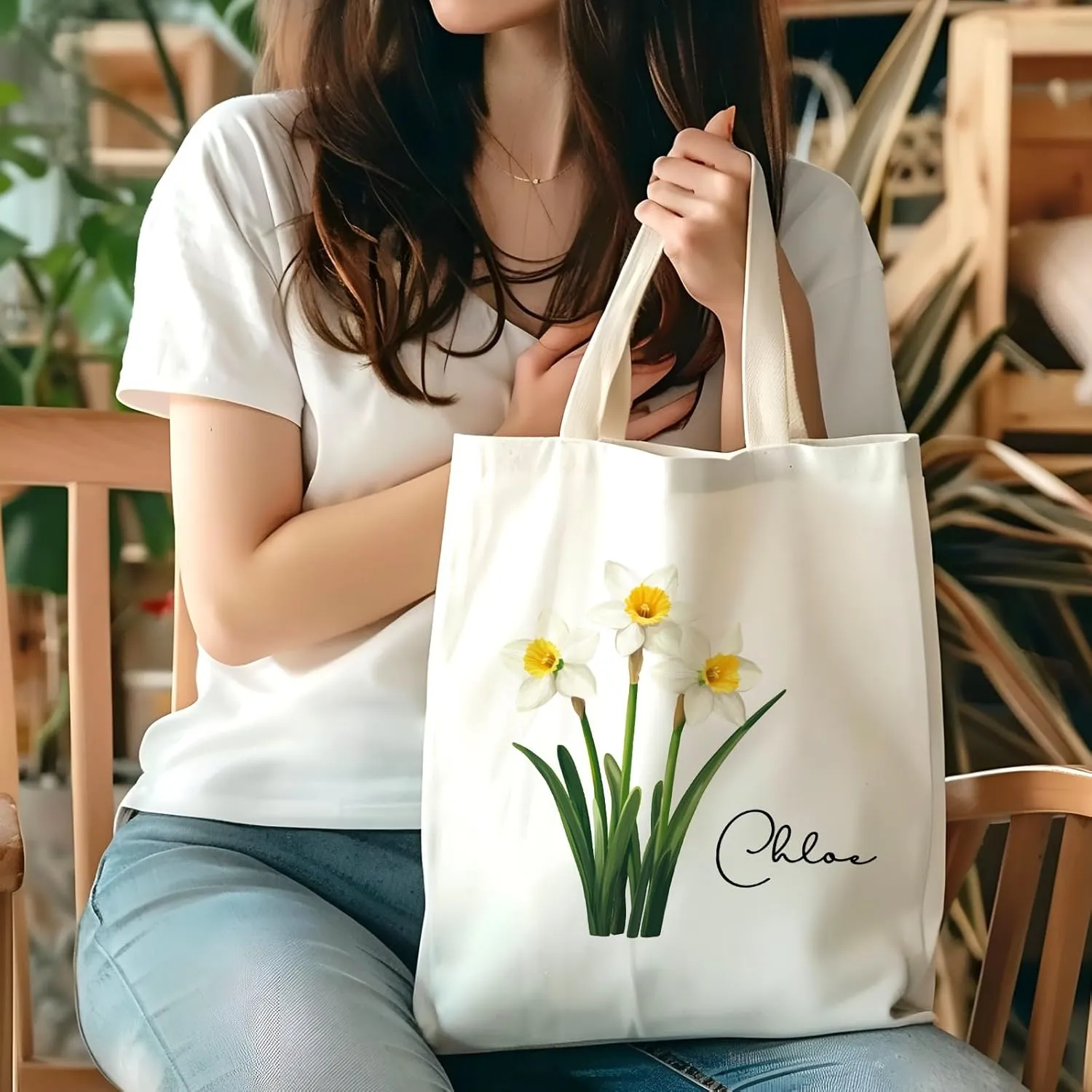Birth Flower Canvas Tote Bag Custom with Name Personalized Birth Flower Gift for Mom Women Her, Bridesmaid Gifts