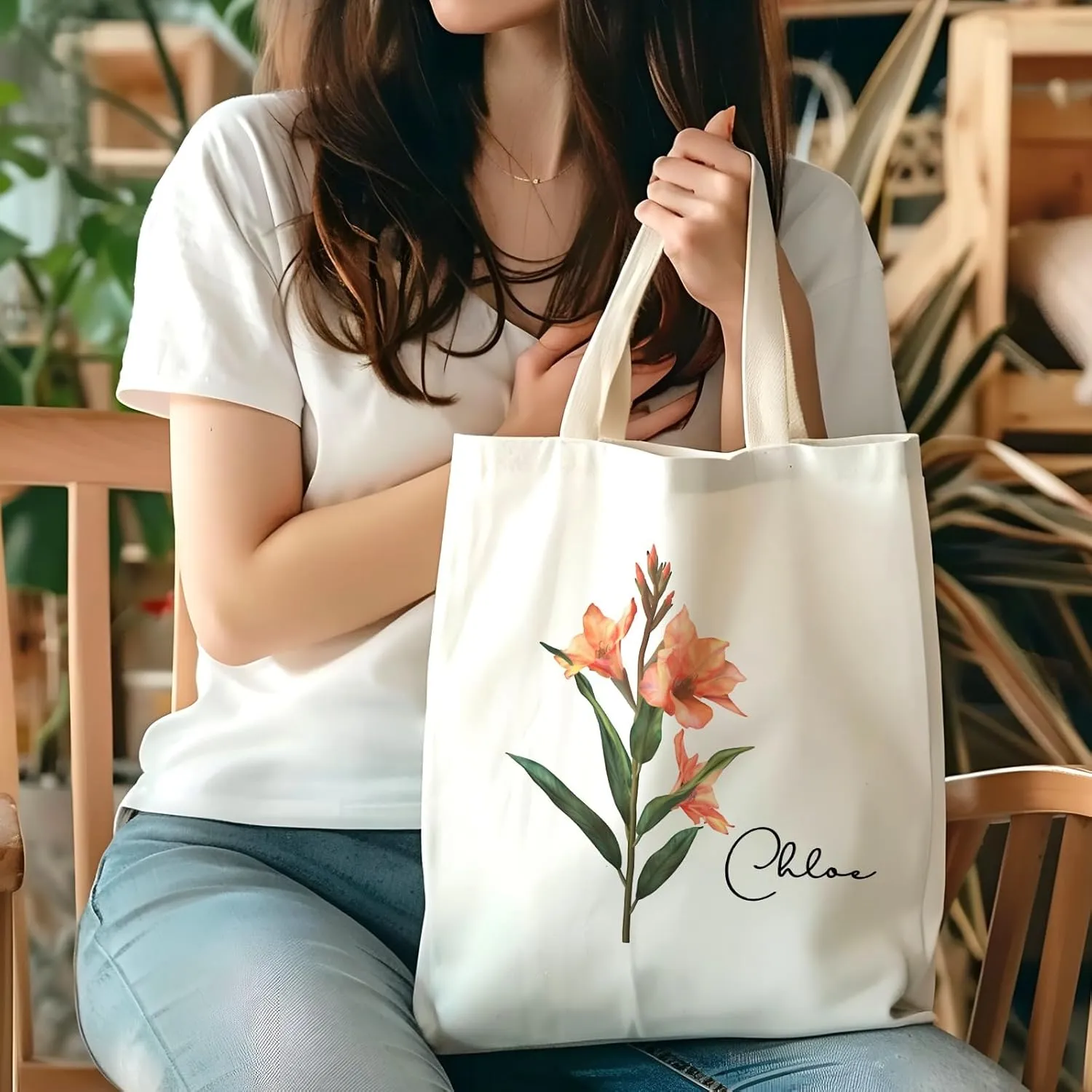 Birth Flower Canvas Tote Bag Custom with Name Personalized Birth Flower Gift for Mom Women Her, Bridesmaid Gifts
