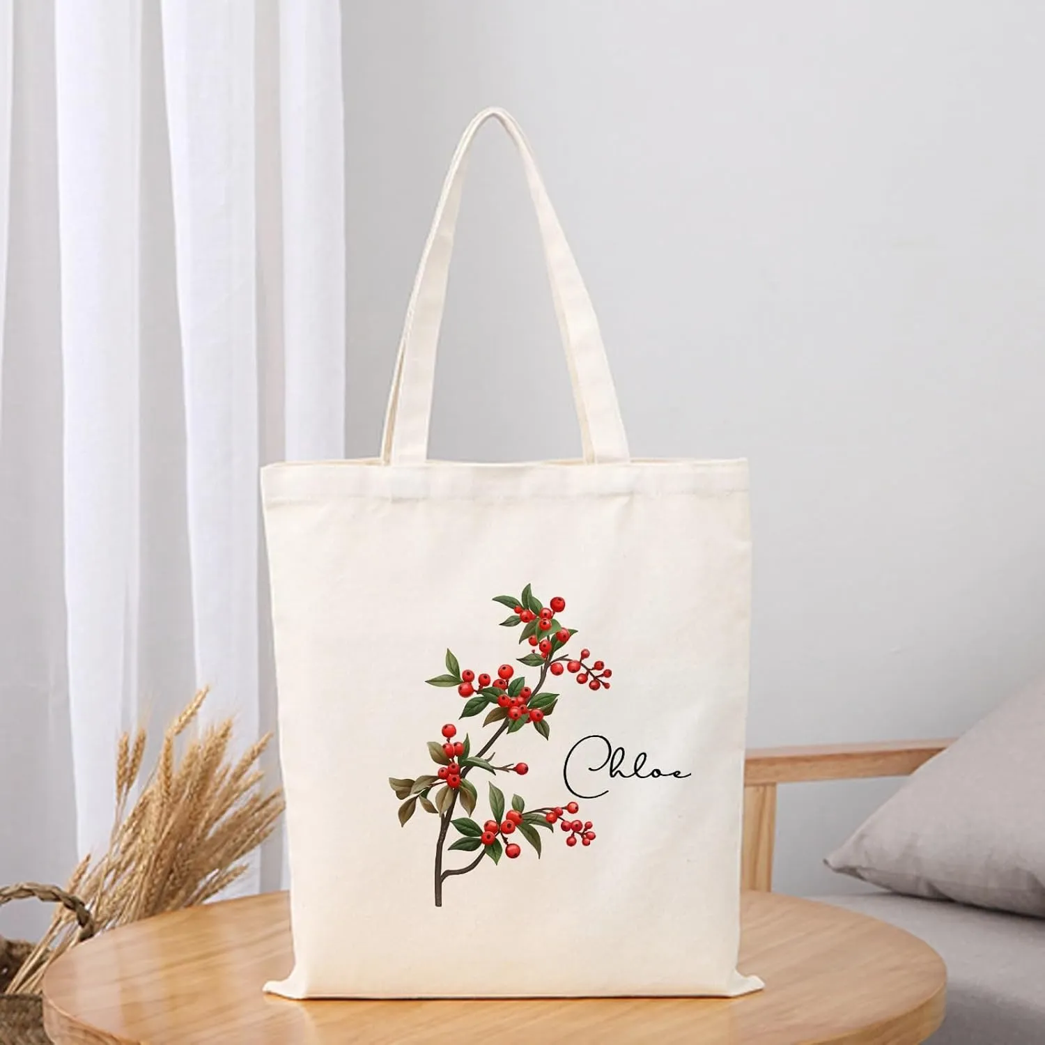Birth Flower Canvas Tote Bag Custom with Name Personalized Birth Flower Gift for Mom Women Her, Bridesmaid Gifts