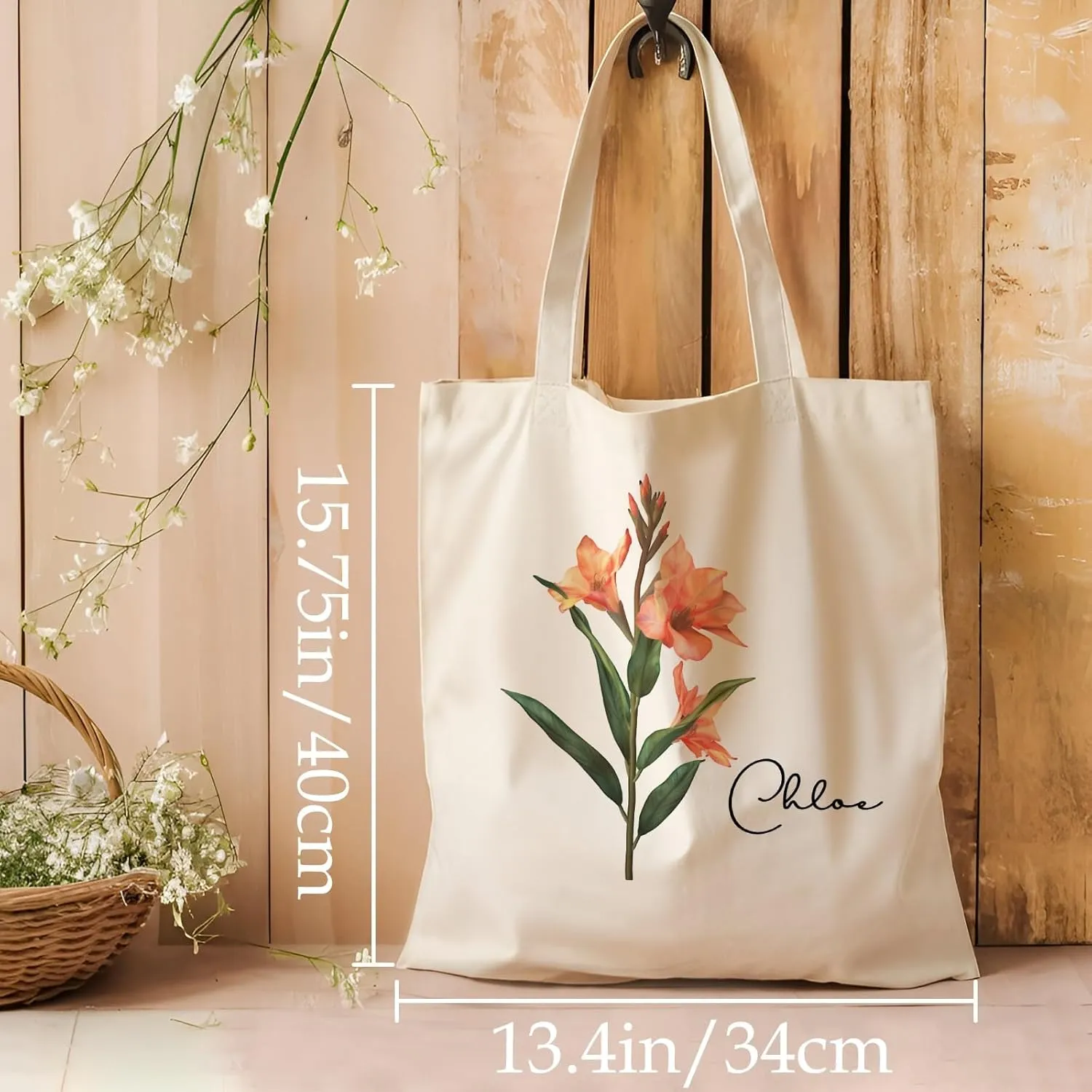Birth Flower Canvas Tote Bag Custom with Name Personalized Birth Flower Gift for Mom Women Her, Bridesmaid Gifts