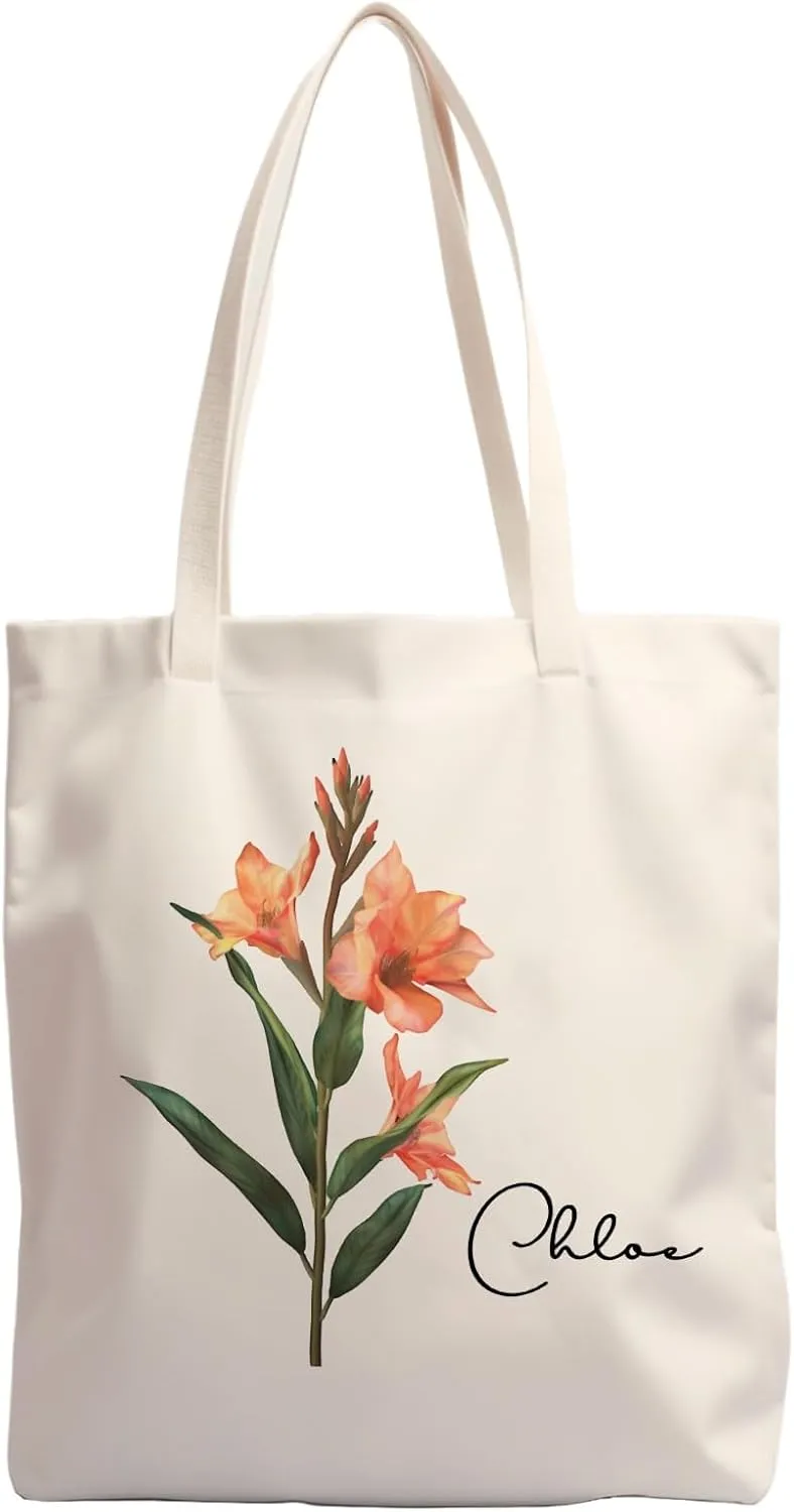 Birth Flower Canvas Tote Bag Custom with Name Personalized Birth Flower Gift for Mom Women Her, Bridesmaid Gifts