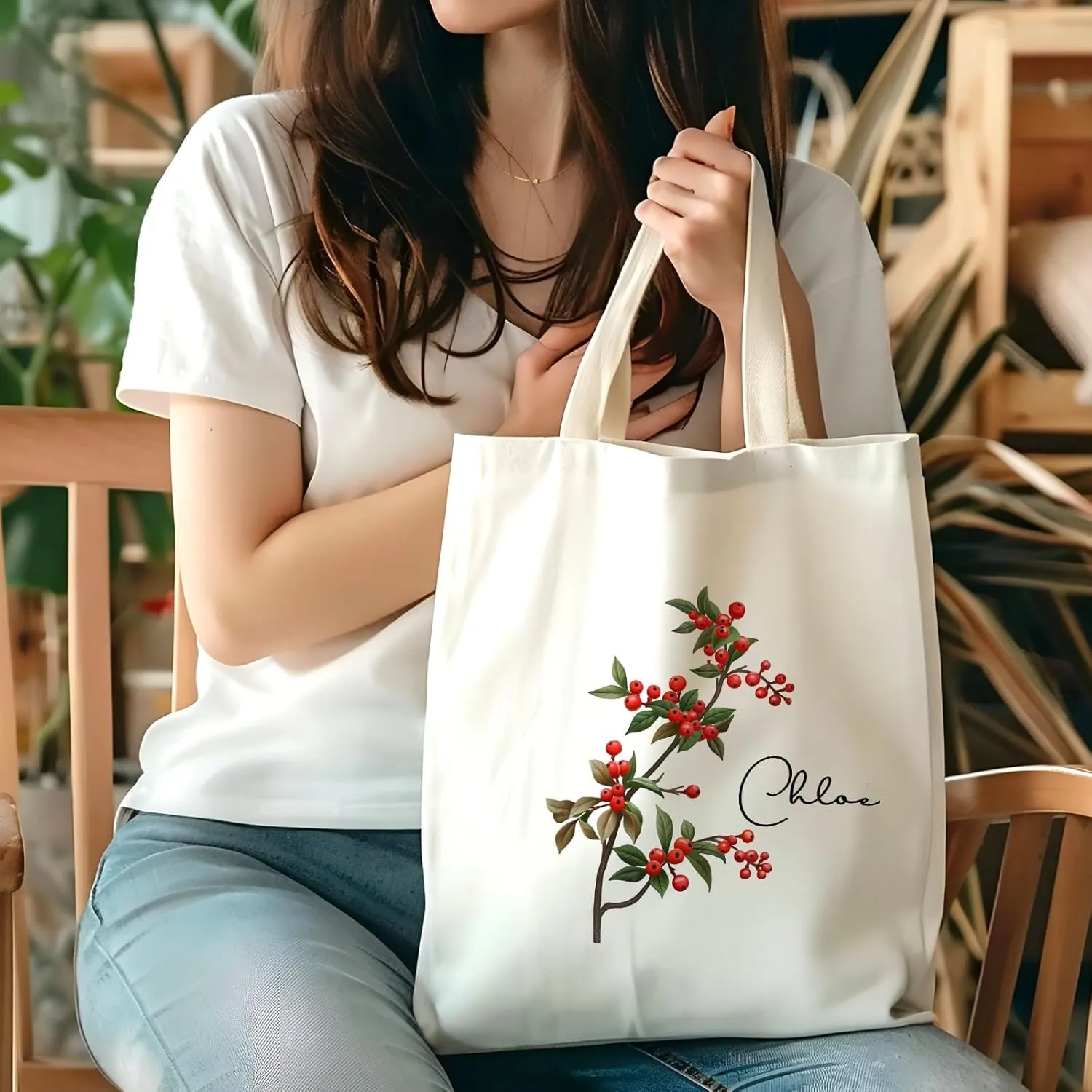 Birth Flower Canvas Tote Bag Custom with Name Personalized Birth Flower Gift for Mom Women Her, Bridesmaid Gifts