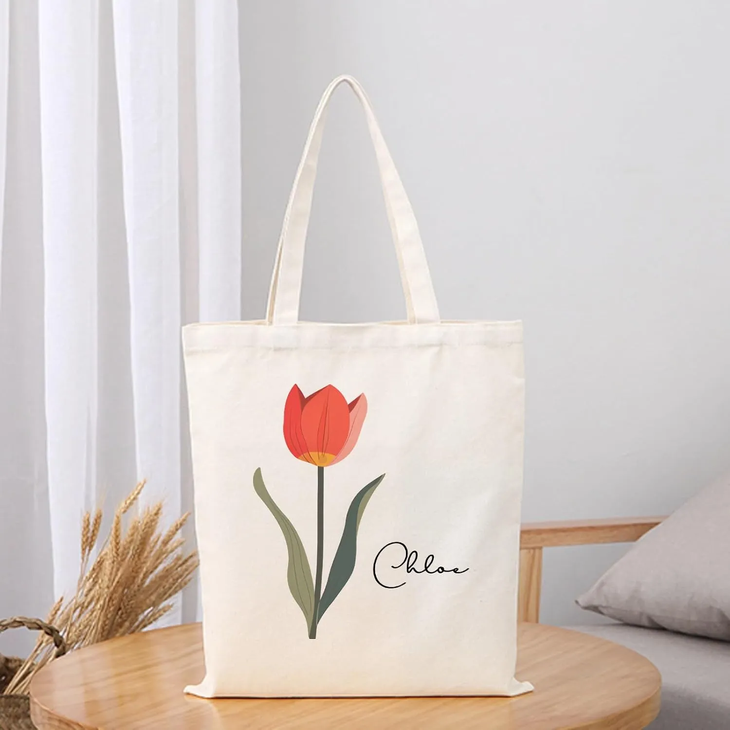 Birth Flower Canvas Tote Bag Custom with Name Personalized Birth Flower Gift for Mom Women Her, Bridesmaid Gifts