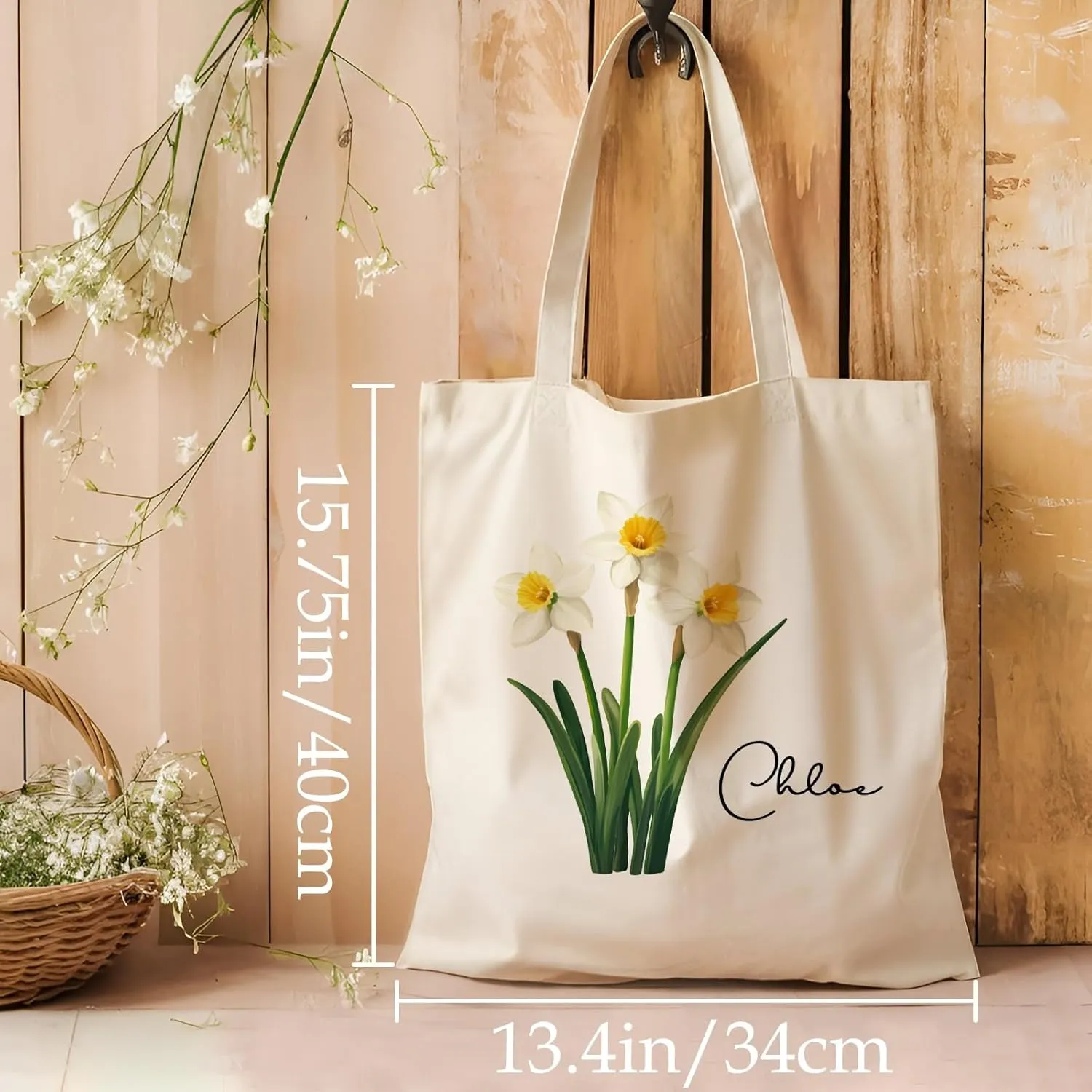Birth Flower Canvas Tote Bag Custom with Name Personalized Birth Flower Gift for Mom Women Her, Bridesmaid Gifts