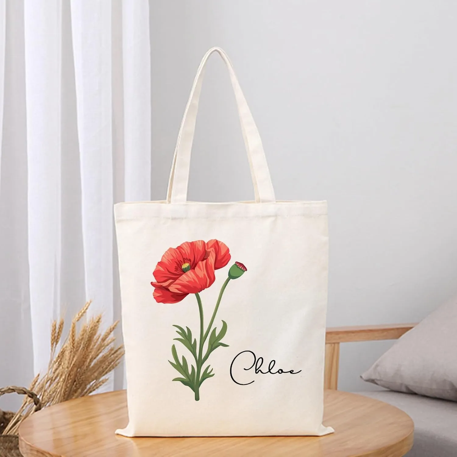 Birth Flower Canvas Tote Bag Custom with Name Personalized Birth Flower Gift for Mom Women Her, Bridesmaid Gifts