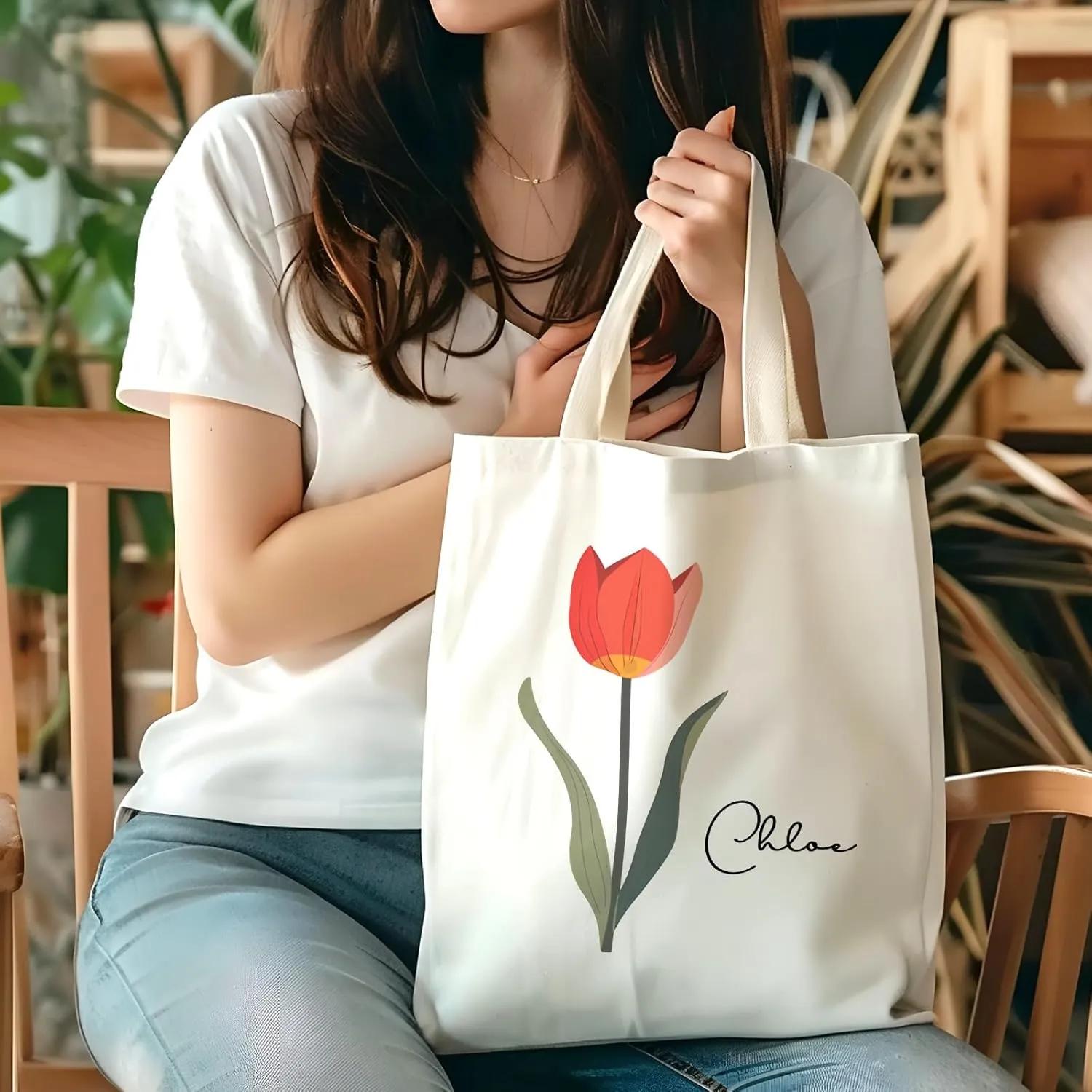 Birth Flower Canvas Tote Bag Custom with Name Personalized Birth Flower Gift for Mom Women Her, Bridesmaid Gifts