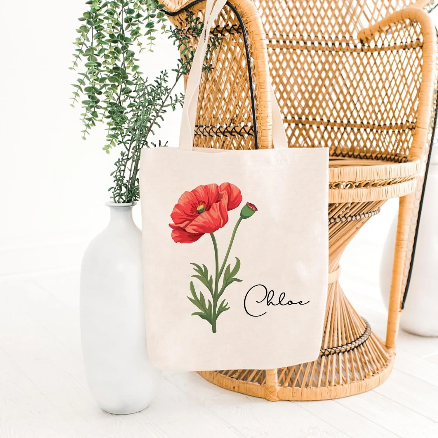 Birth Flower Canvas Tote Bag Custom with Name Personalized Birth Flower Gift for Mom Women Her, Bridesmaid Gifts
