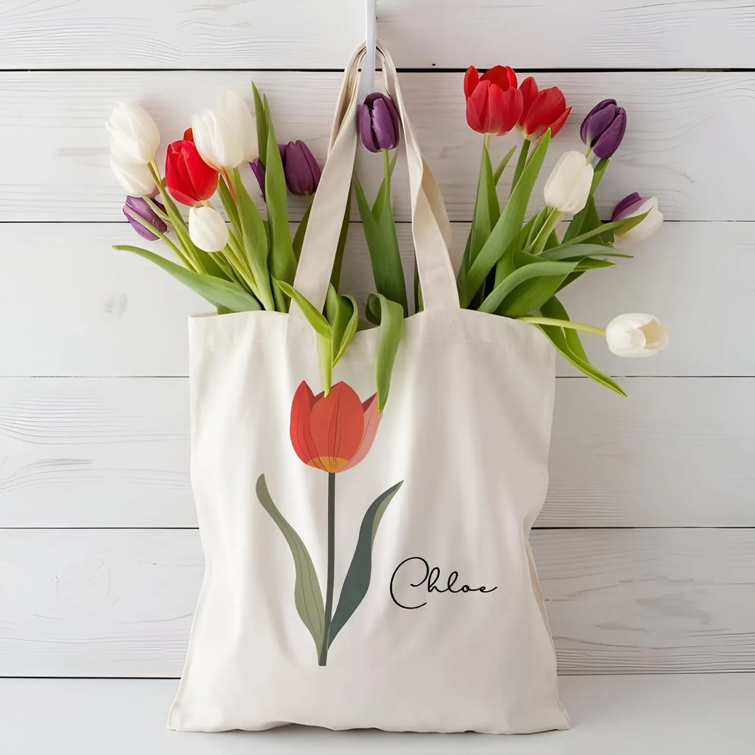 Birth Flower Canvas Tote Bag Custom with Name Personalized Birth Flower Gift for Mom Women Her, Bridesmaid Gifts