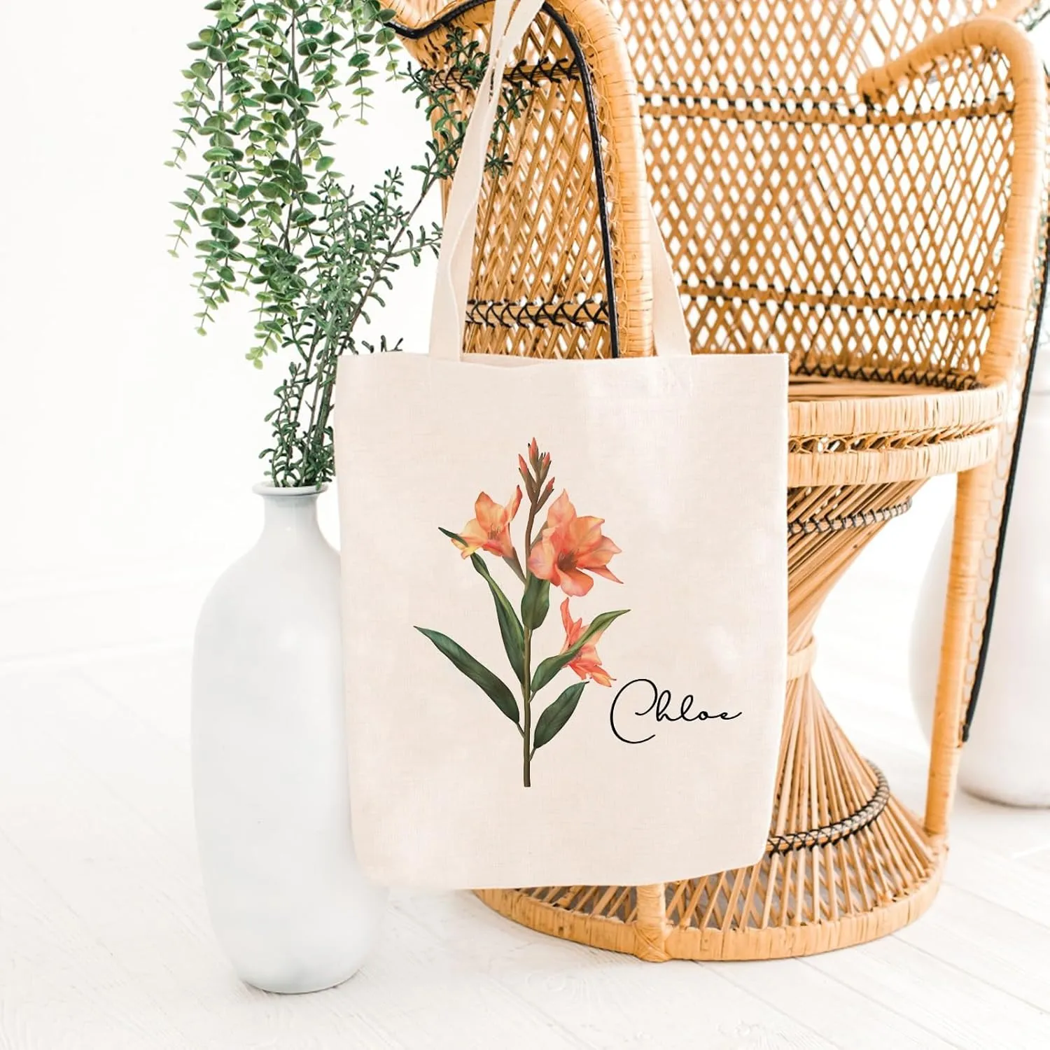 Birth Flower Canvas Tote Bag Custom with Name Personalized Birth Flower Gift for Mom Women Her, Bridesmaid Gifts