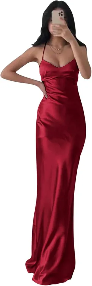 BOLENSYE Satin Bridesmaid Dresses Long Prom Dress for Women Spaghetti Strap Formal Dress Mermaid Evening Party Gown