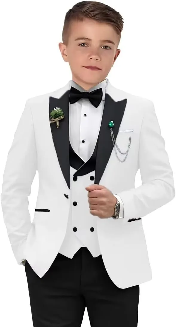 Boys Suits 3 Piece Formal Solid Slim Fit Suit Peak Lapel Blazer Pants Vest Boys Suit Double Breasted Kids Tuxedo