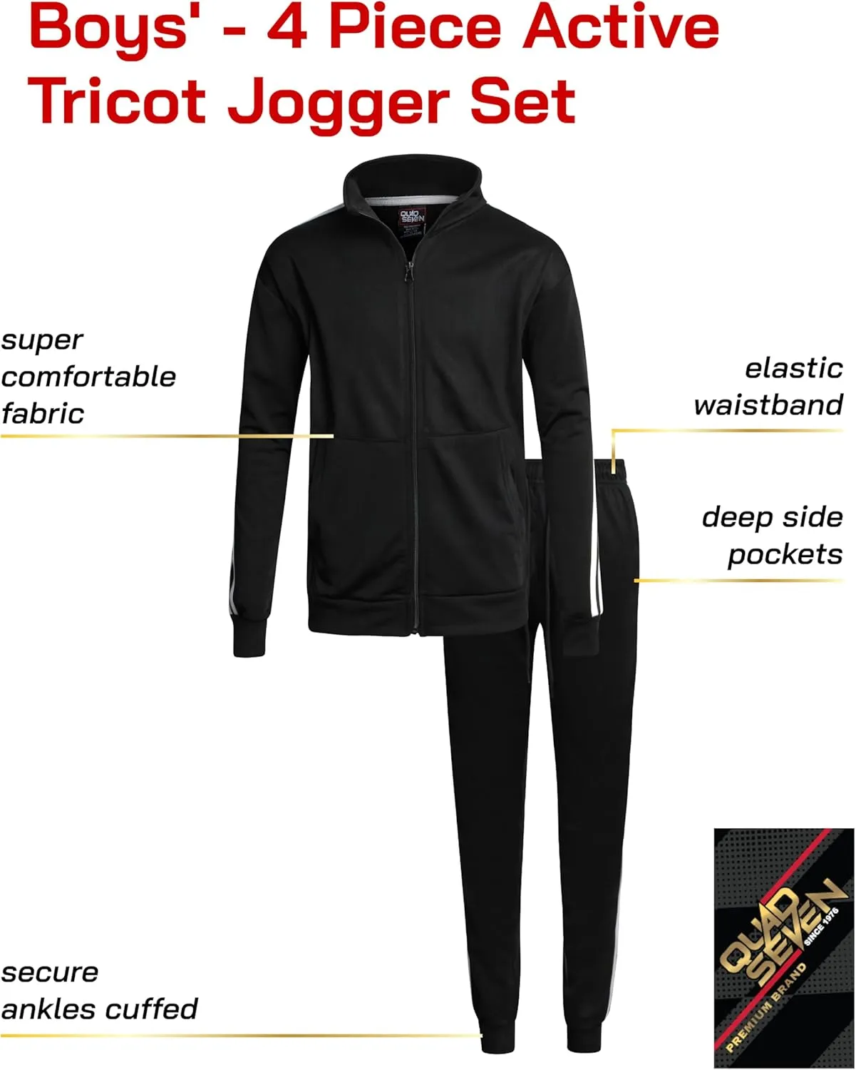 Boys' Tricot Jogger Set - 4 Piece Active Performance Zip-Up Tracksuit Set (Size: 8-18)