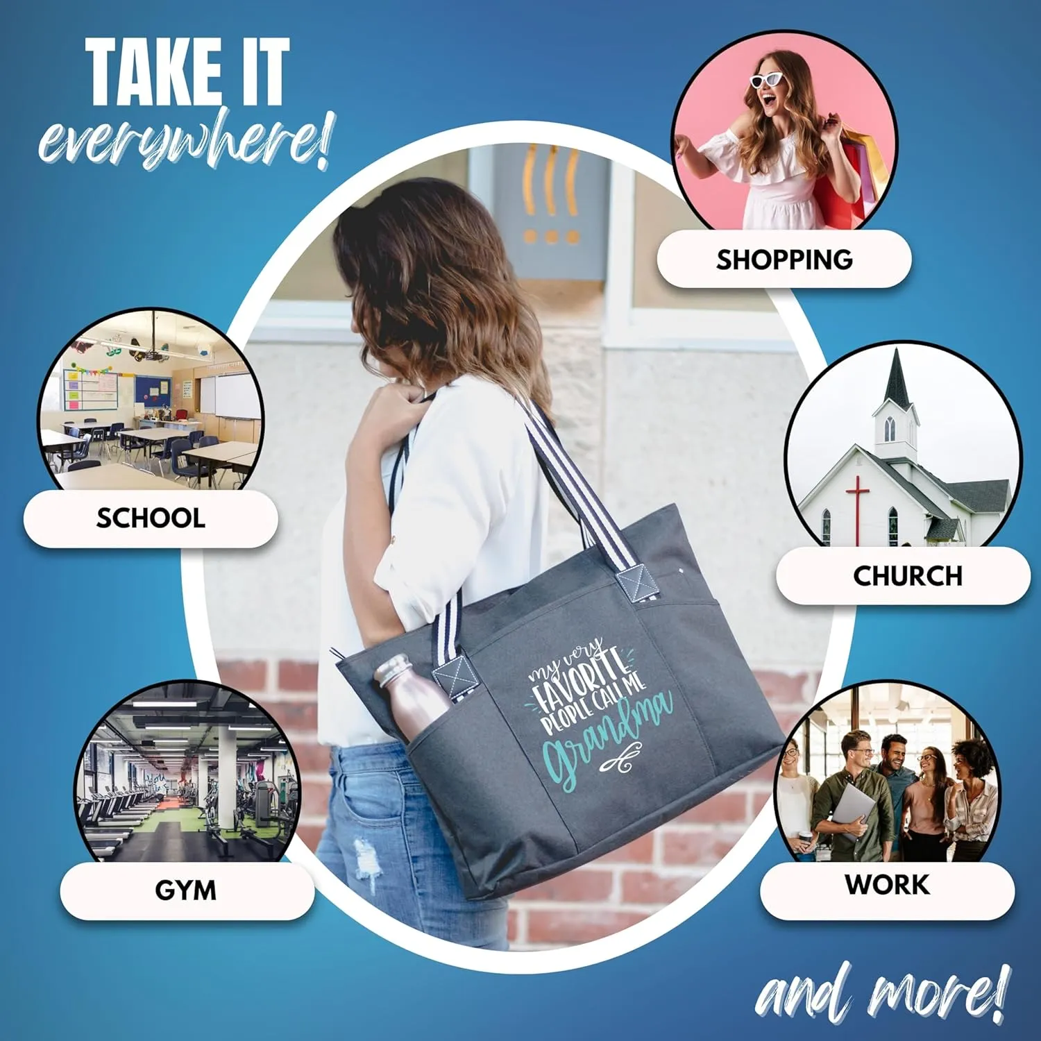 Brooke & Jess Designs Tote Bag for Grandma  Sturdy Canvas Grandma Tote w/Zipper & Inner Pocket Grandma Bag for Everyday Use