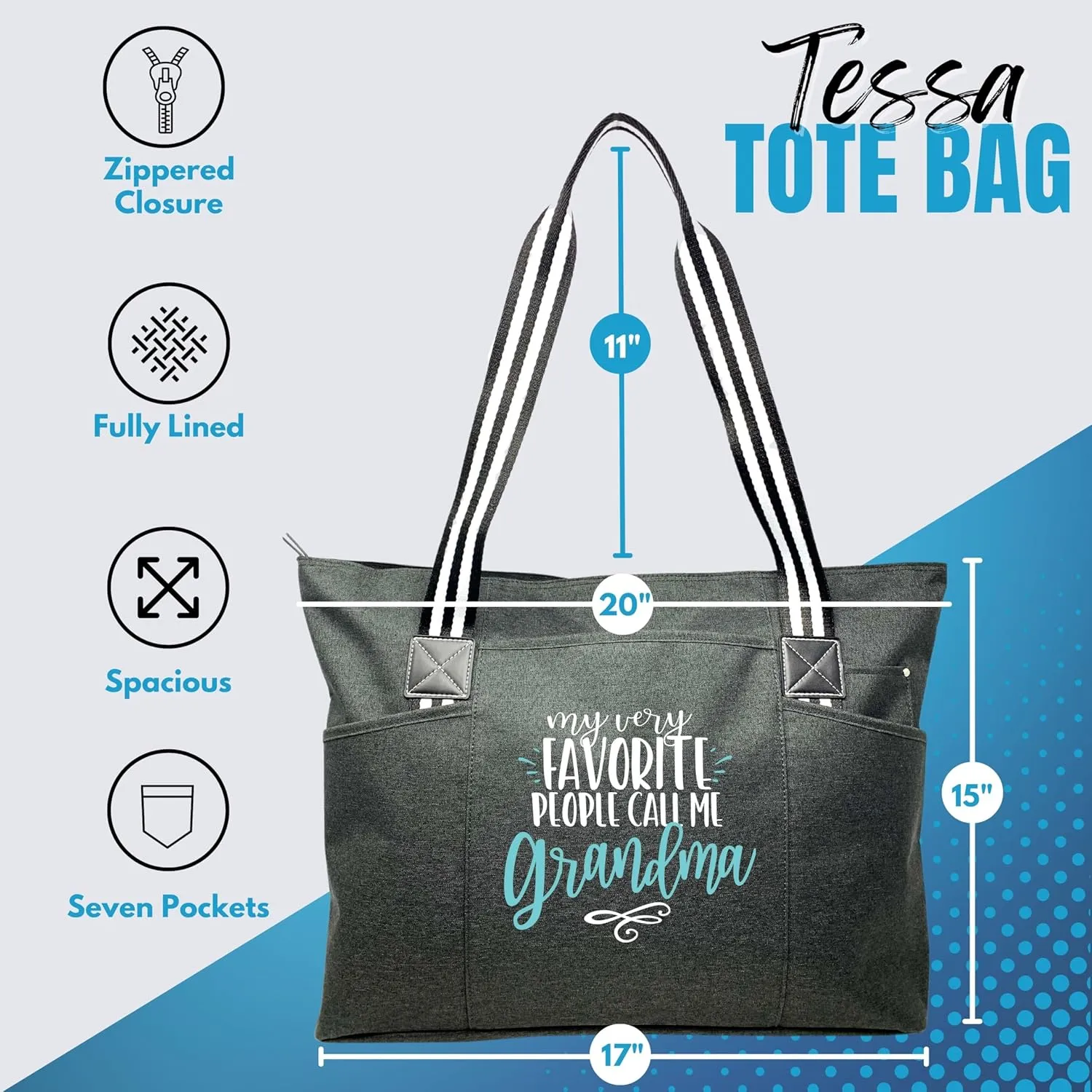 Brooke & Jess Designs Tote Bag for Grandma  Sturdy Canvas Grandma Tote w/Zipper & Inner Pocket Grandma Bag for Everyday Use