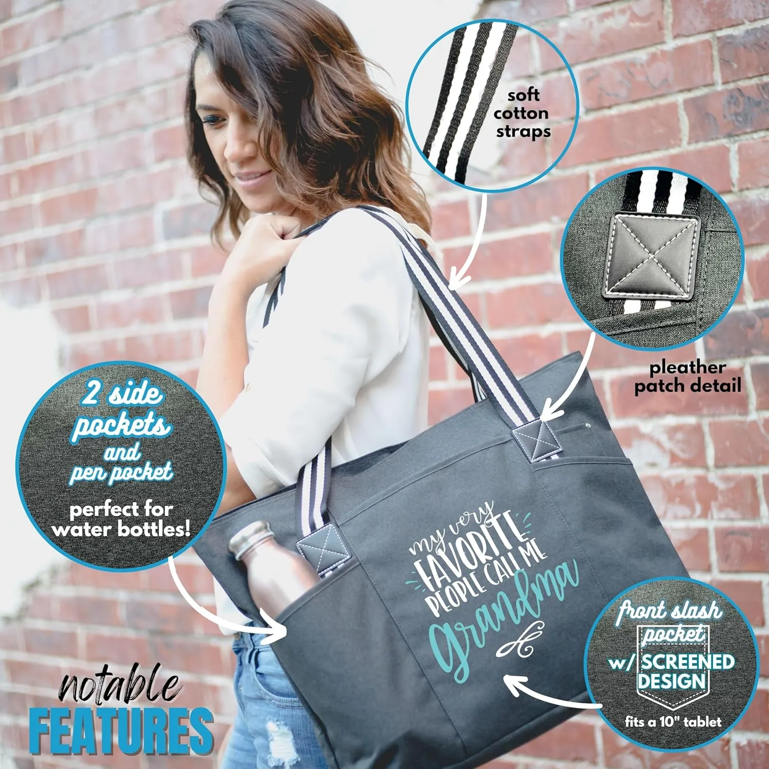 Brooke & Jess Designs Tote Bag for Grandma  Sturdy Canvas Grandma Tote w/Zipper & Inner Pocket Grandma Bag for Everyday Use