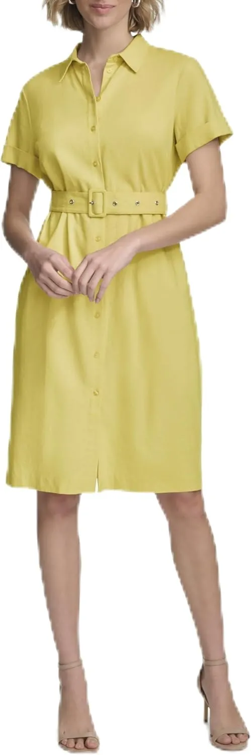 Calvin Klein Women's Stretch Linen Belted Shirt Dress