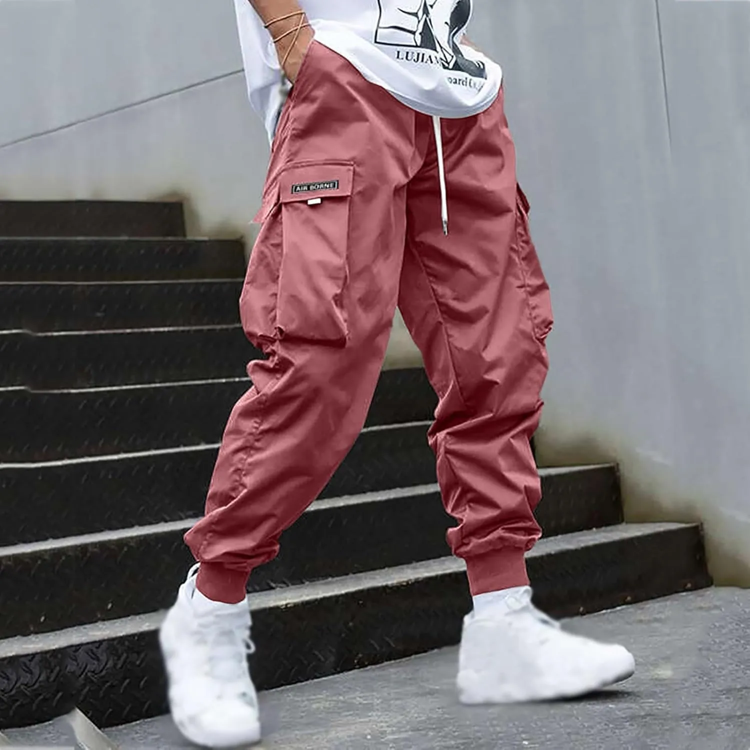 Casual Cargo Pants for Men Elastic Waist Relaxed Fit Trousers Hiking Joggers Athletic Pants with Multi Pockets