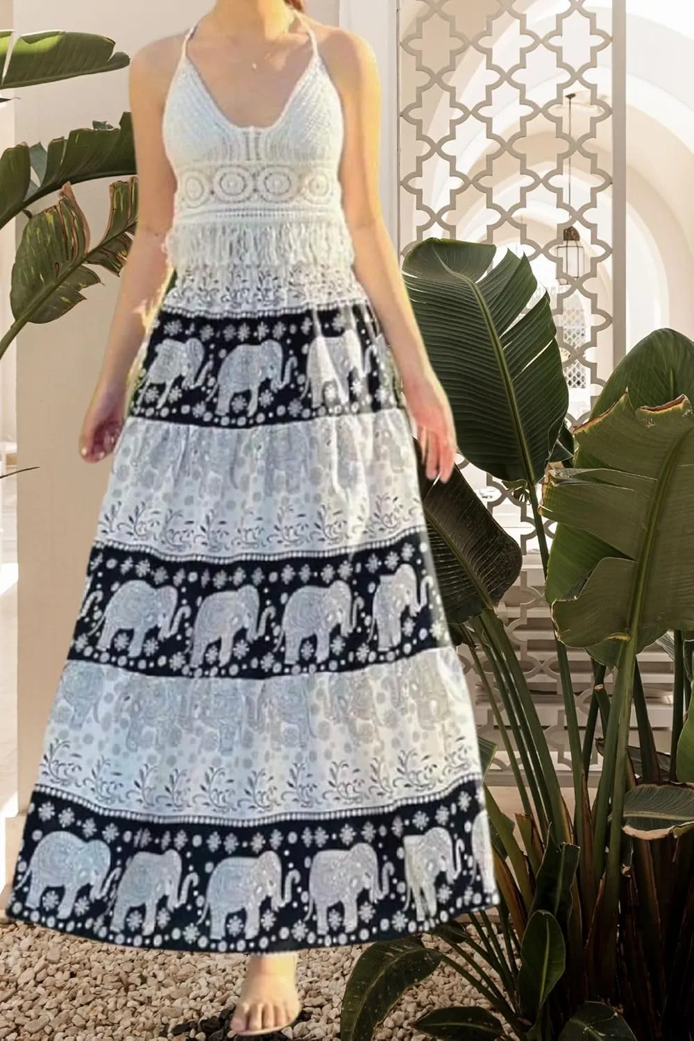 Casual Maxi High Waisted Lightweight Silky Soft Flowy Ruffle Cute Trendy Boho Hippy Long Skirts for Women, Elastic Waistband