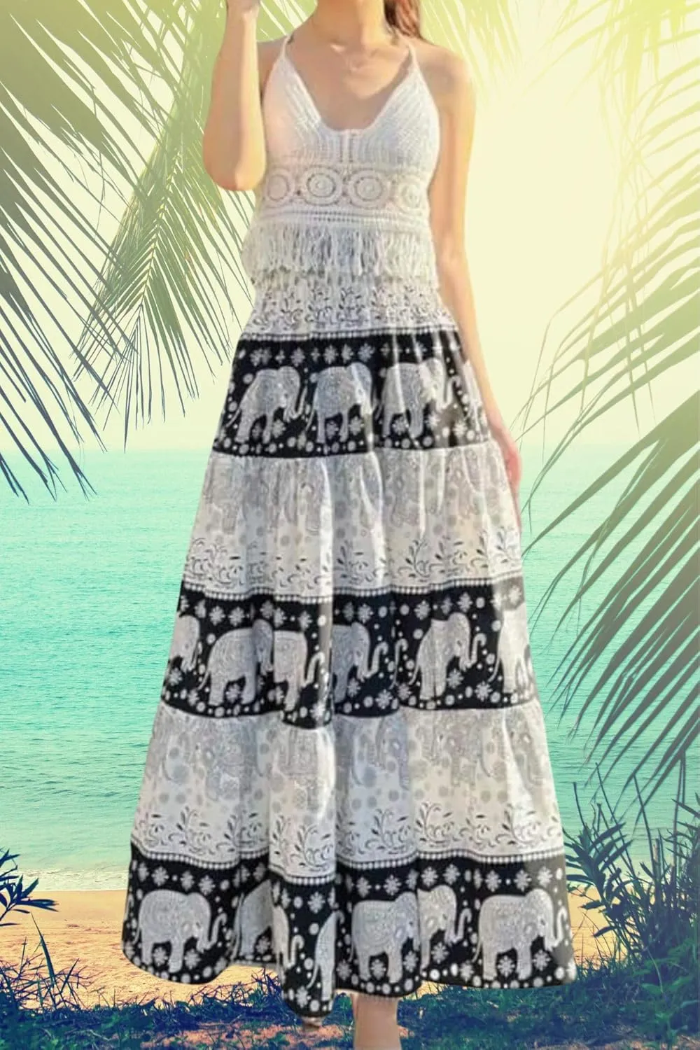 Casual Maxi High Waisted Lightweight Silky Soft Flowy Ruffle Cute Trendy Boho Hippy Long Skirts for Women, Elastic Waistband