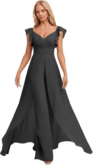Chiffon Bridesmaid Jumpsuit for Women V Neck Elegant Wedding Guest Jumpsuit Pleated Formal Outfit