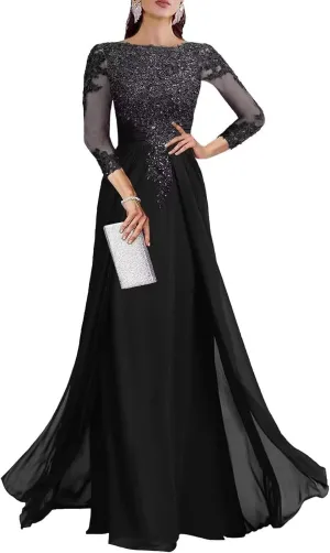 Chiffon Mother of The Bride Dresses for Wedding 3/4 Sleeve Lace Applique Formal Evening Dress