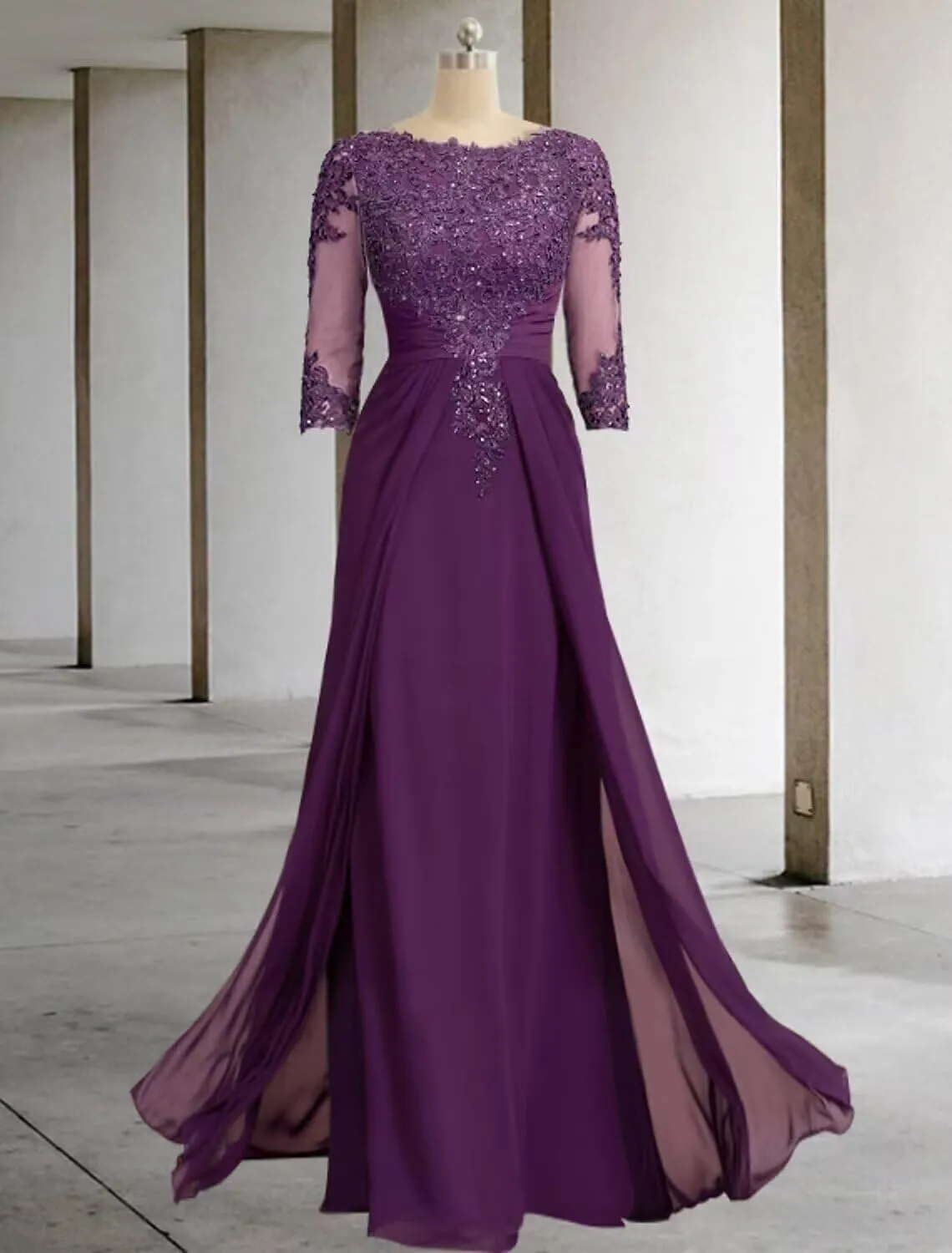 Chiffon Mother of The Bride Dresses for Wedding 3/4 Sleeve Lace Applique Formal Evening Dress