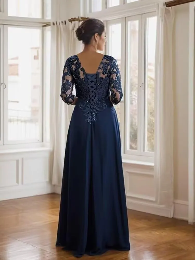 Chiffon Mother of The Bride Dresses for Wedding 3/4 Sleeve Lace Applique Formal Evening Dress
